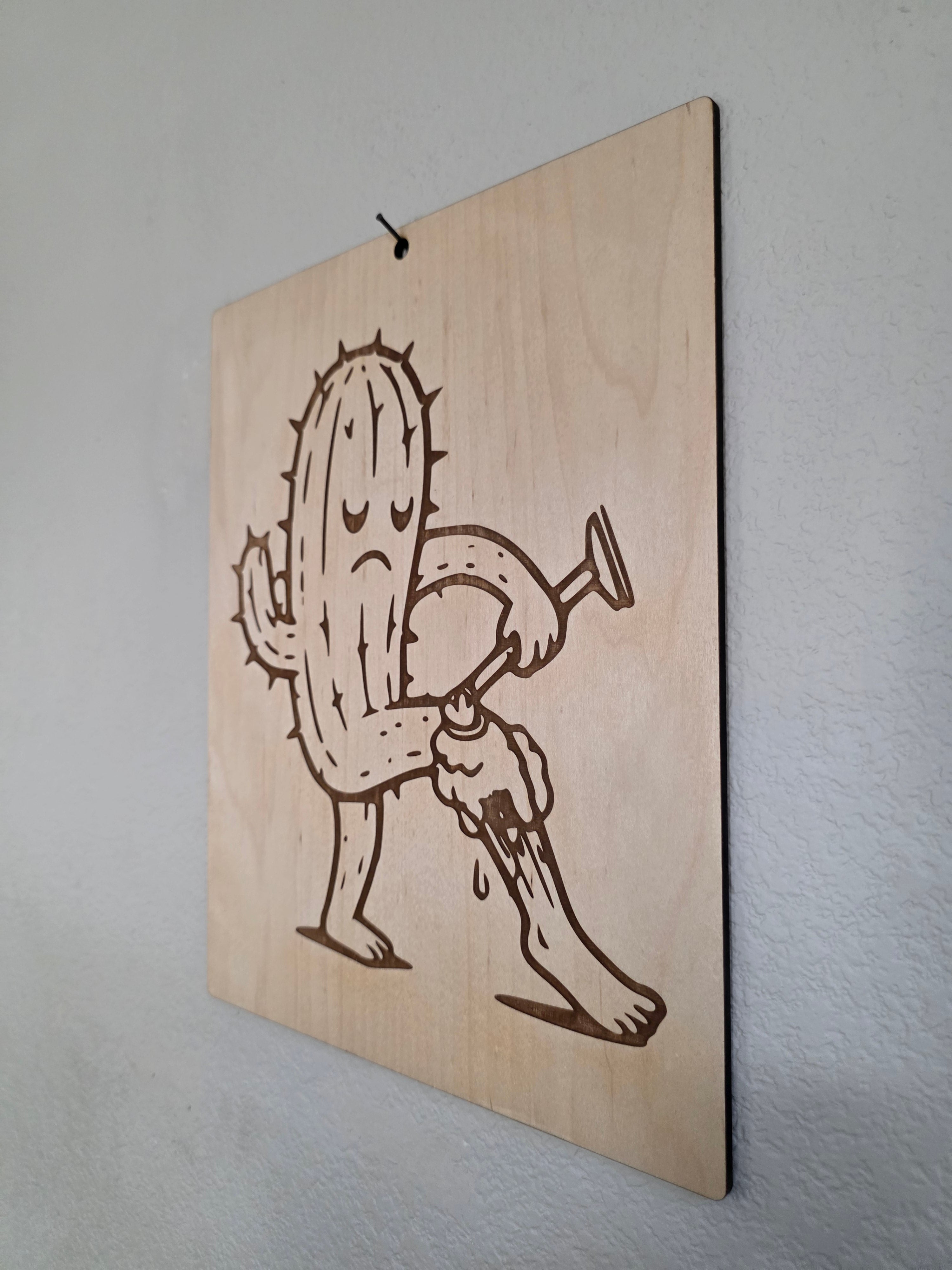 Prickly Grooming Cactus – 11" x 17" Engraved Maple Wall Art