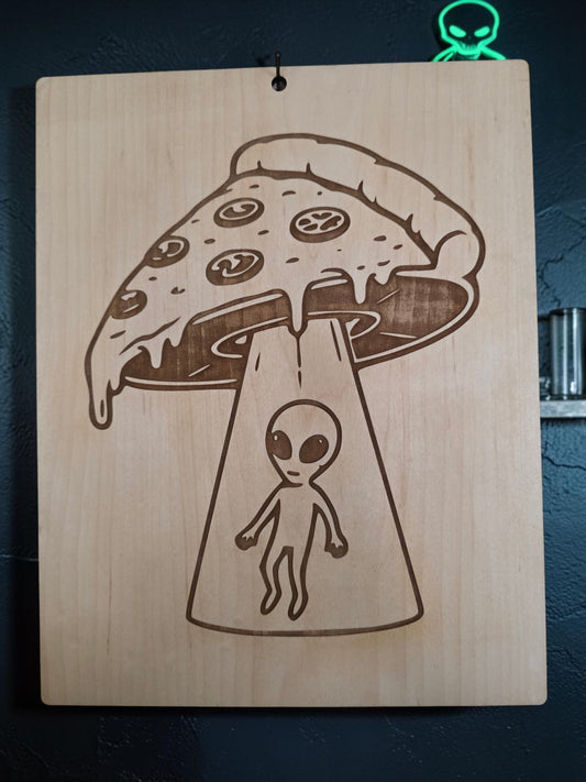 Pizza UFO Alien Abduction – 11" x 17" Engraved Maple Wall Art