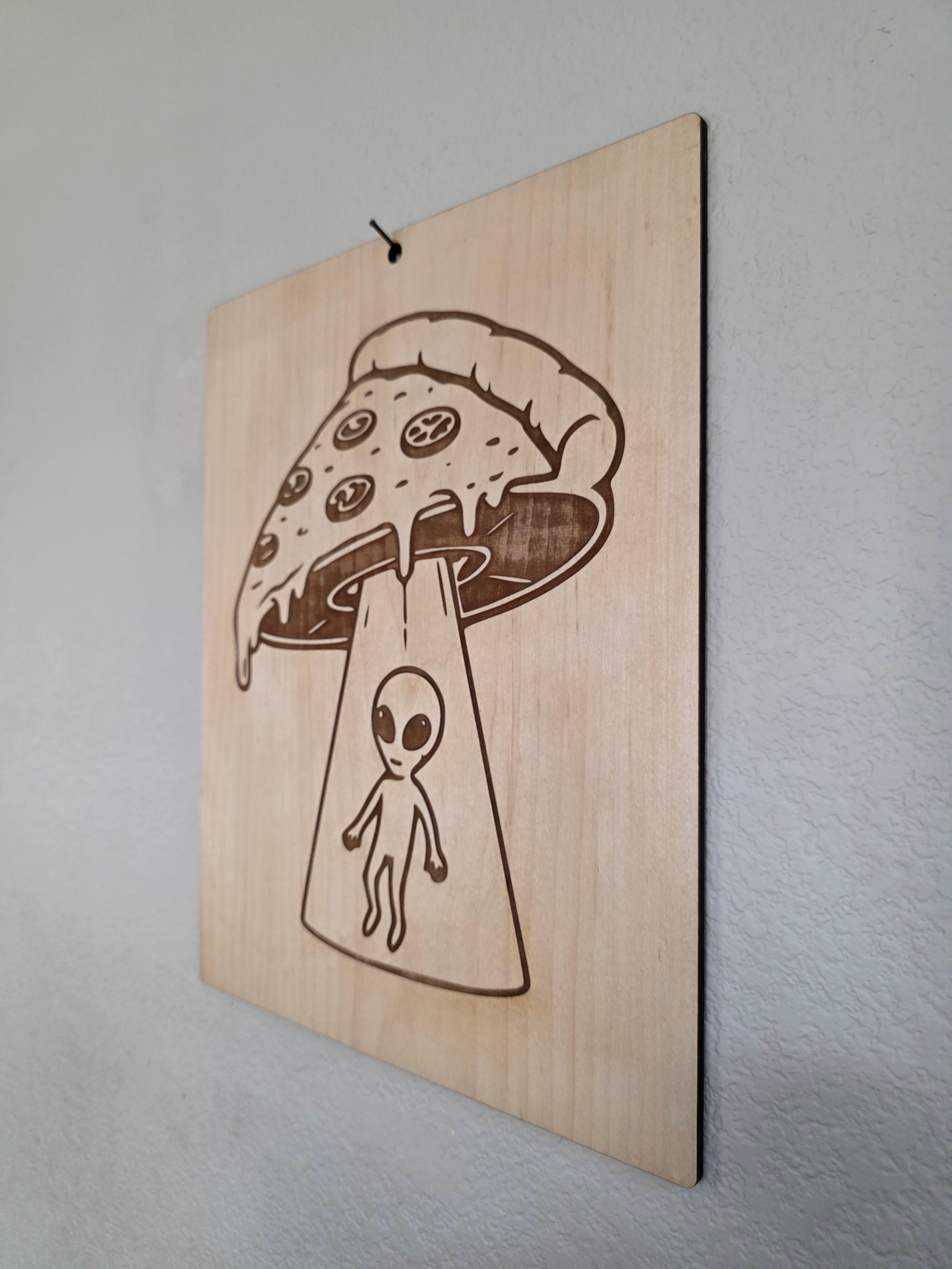 Pizza UFO Alien Abduction – 11" x 17" Engraved Maple Wall Art