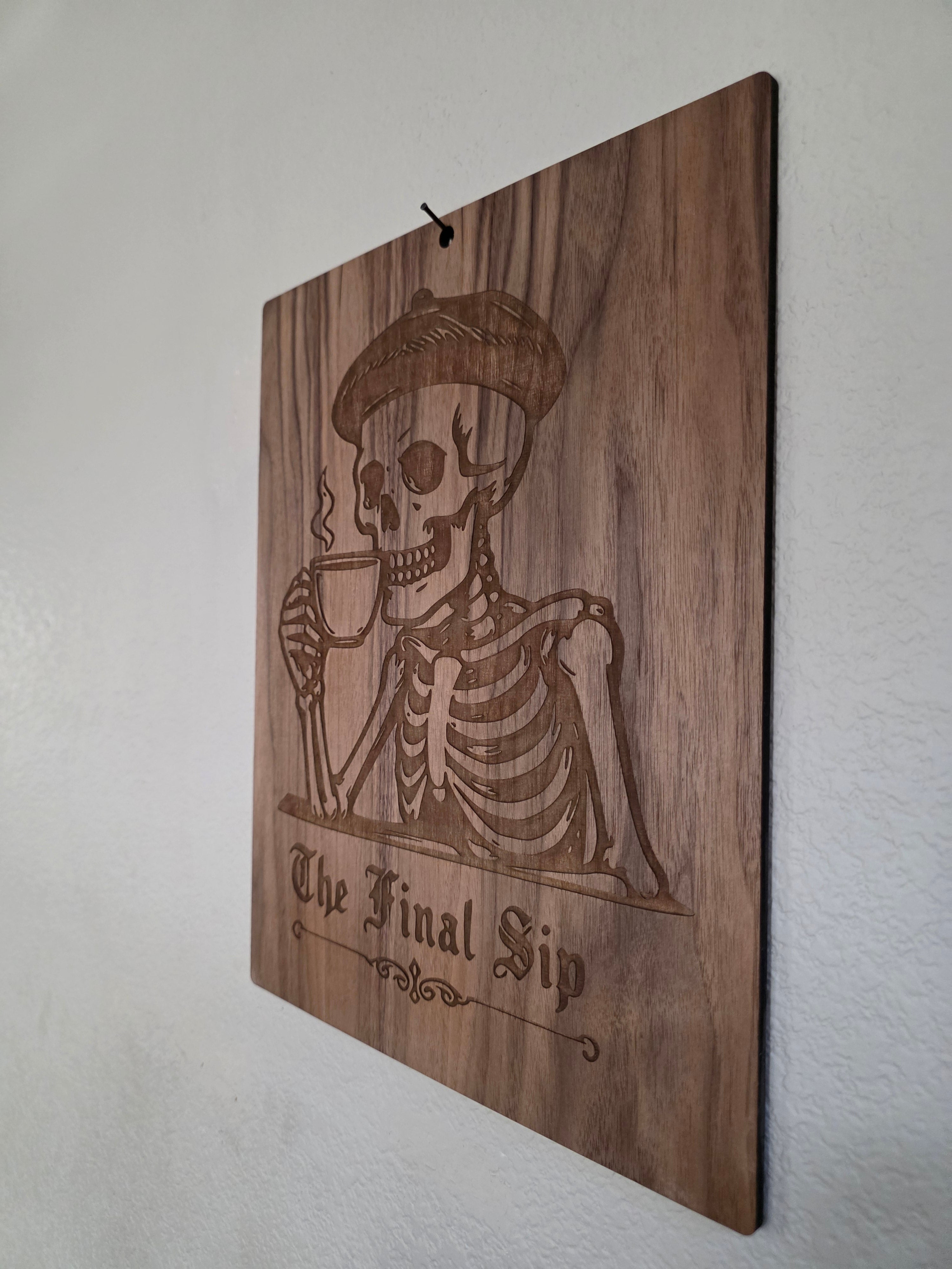 The Final Sip – 11" x 17" Engraved Walnut Skeleton Coffee Wall Art