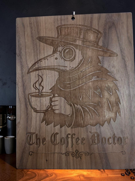 The Coffee Doctor – 11" x 17" Engraved Walnut Plague Doctor Wall Art