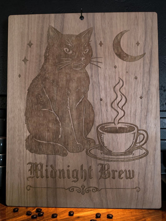 Midnight Brew – 11" x 17" Engraved Walnut Black Cat Coffee Wall Art