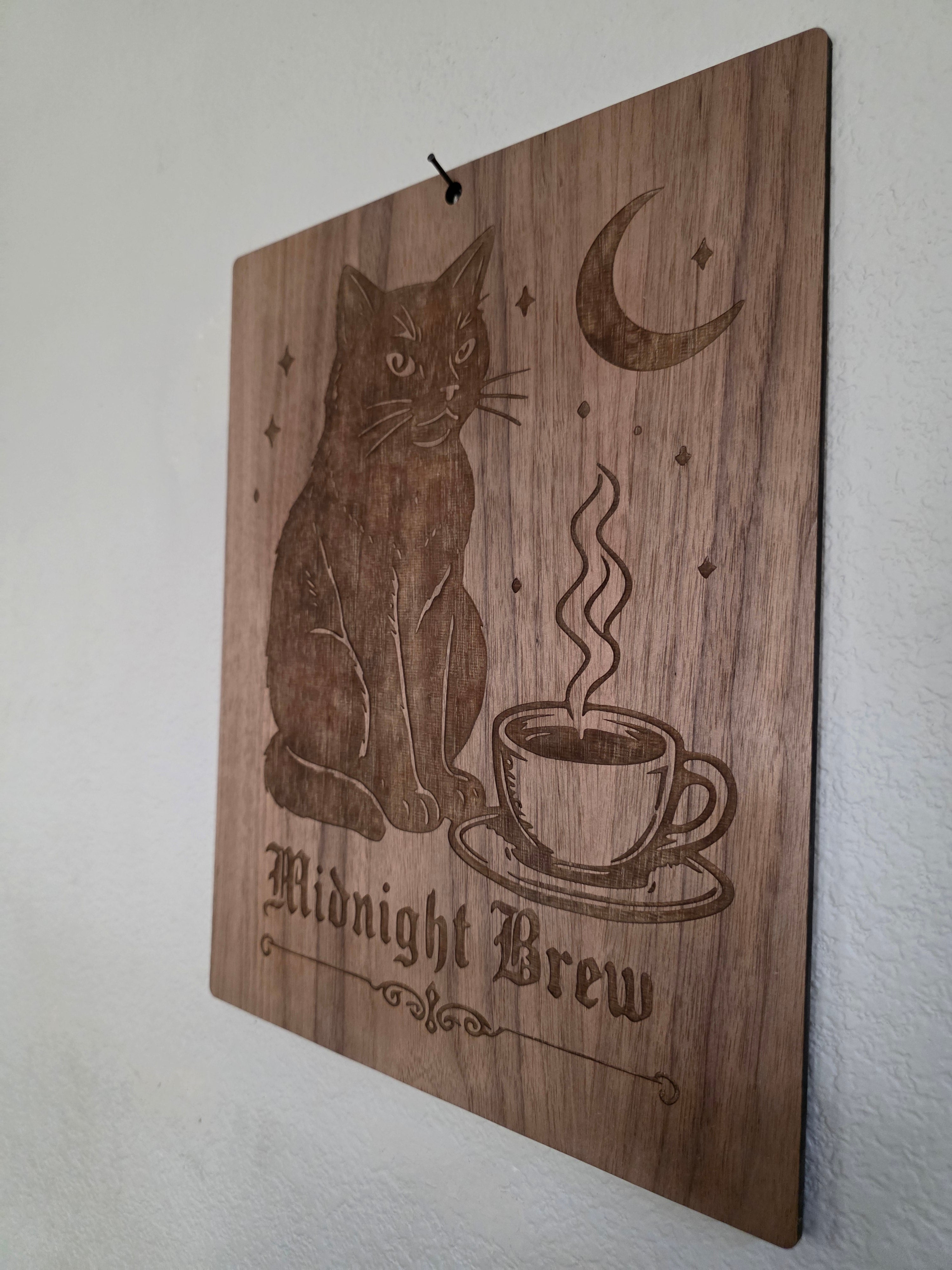 Midnight Brew – 11" x 17" Engraved Walnut Black Cat Coffee Wall Art