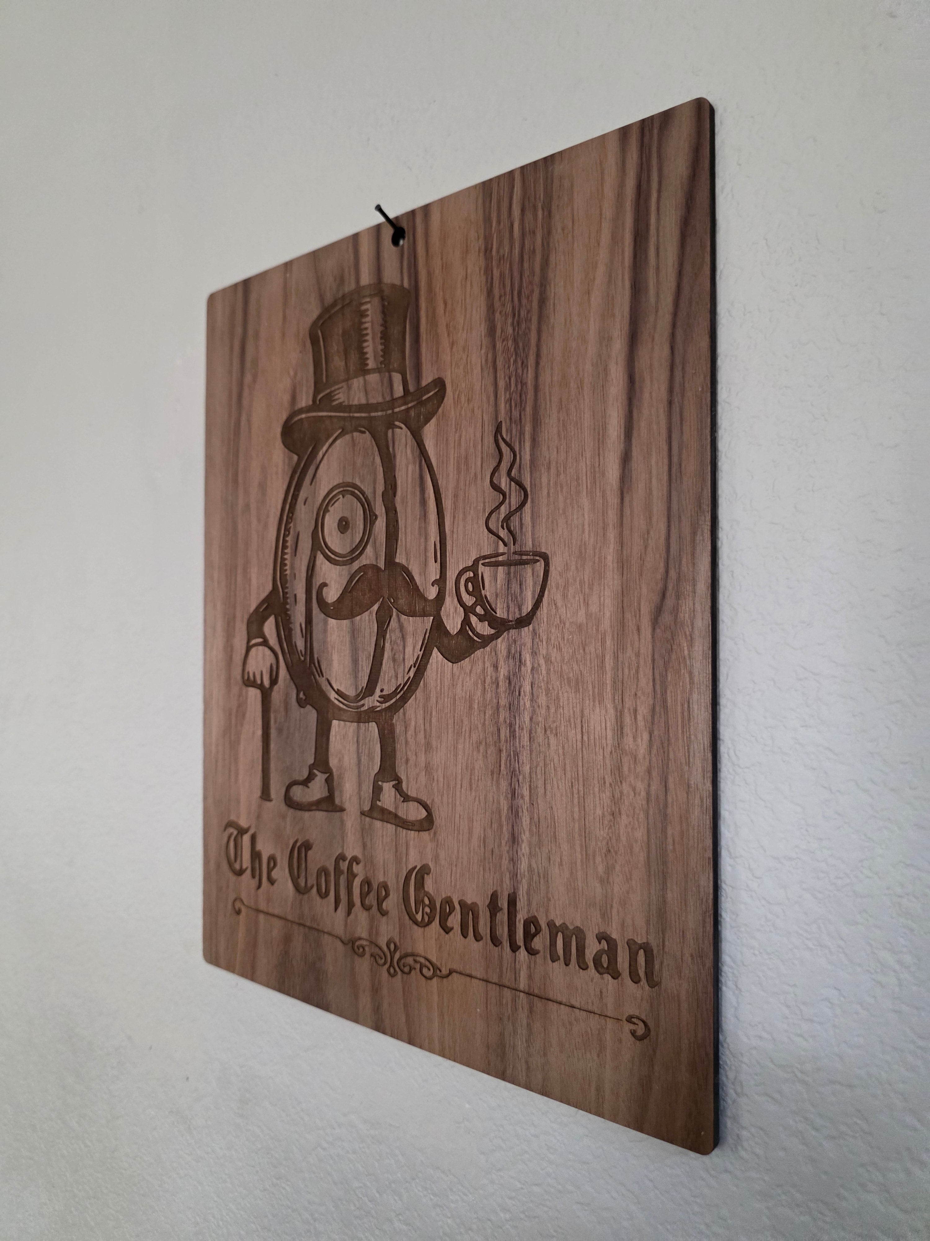 The Coffee Gentleman – 11" x 17" Engraved Walnut Coffee Wall Art