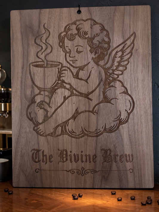 The Divine Brew – 11" x 17" Engraved Walnut Angel Coffee Wall Art