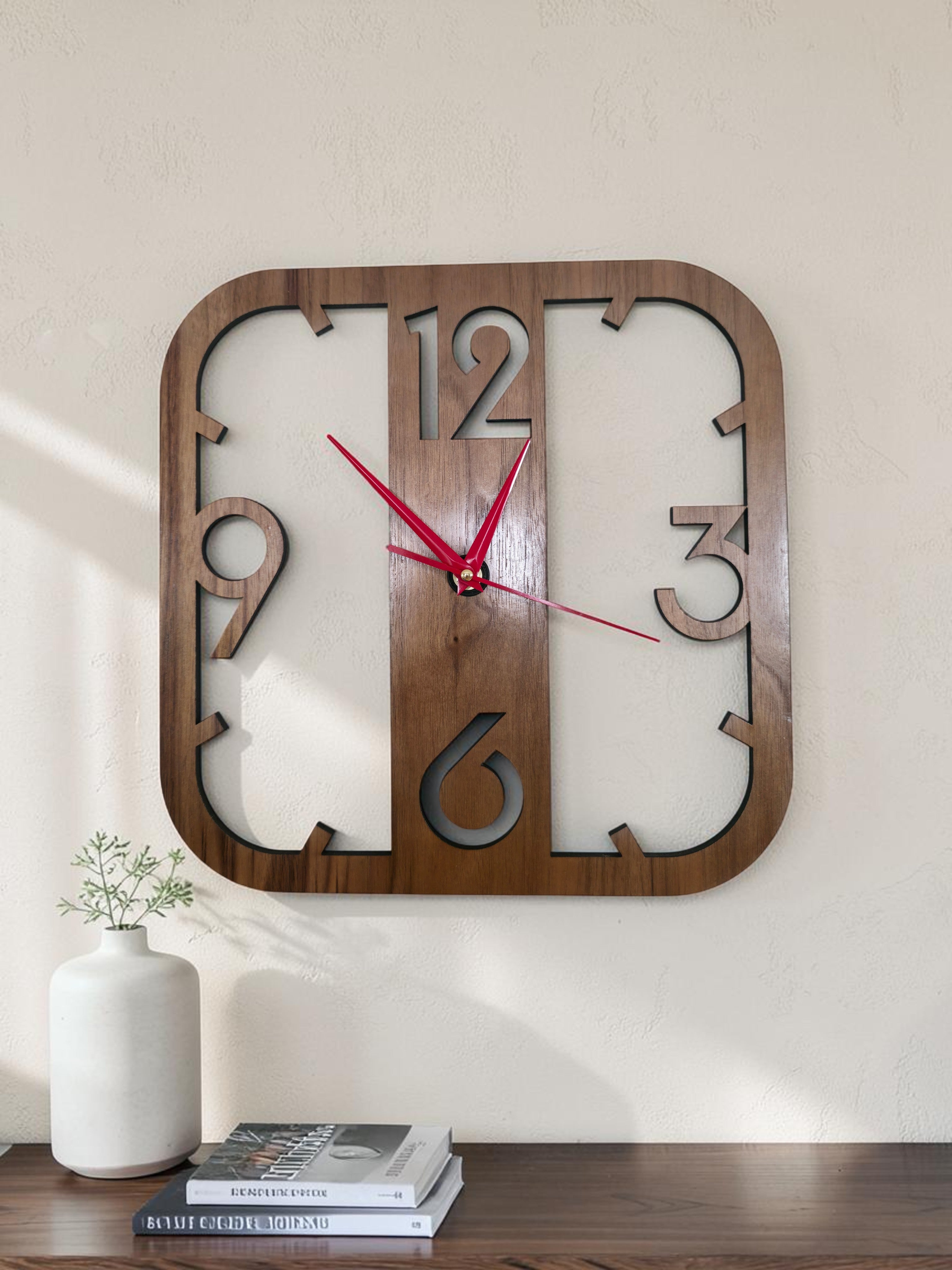 Modern Walnut Wall Clock with Red Hands – 12-Inch Geometric Wood Clock