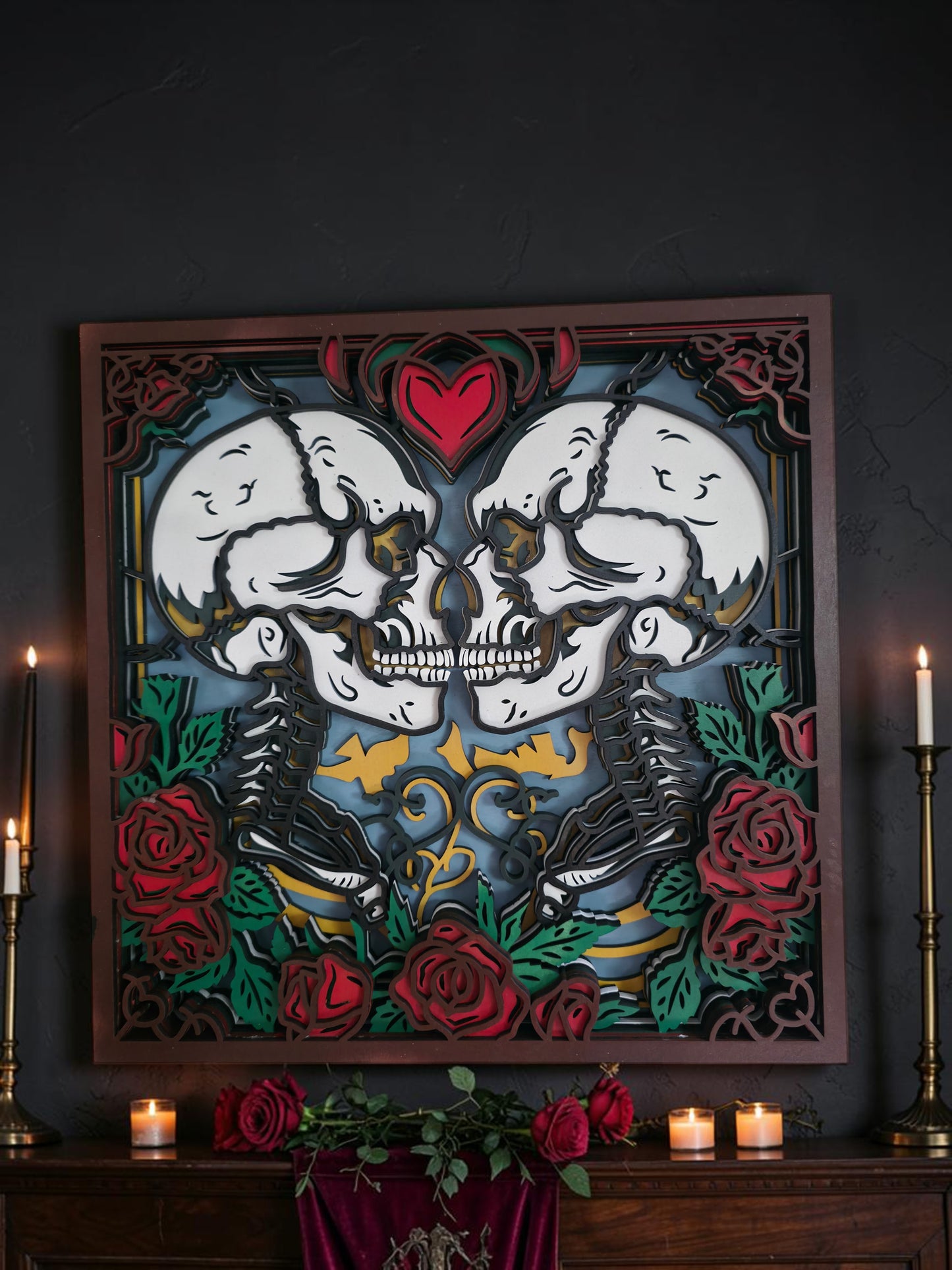 Gothic Skeleton Lovers Layered Wood Wall Art – 14.28" Square