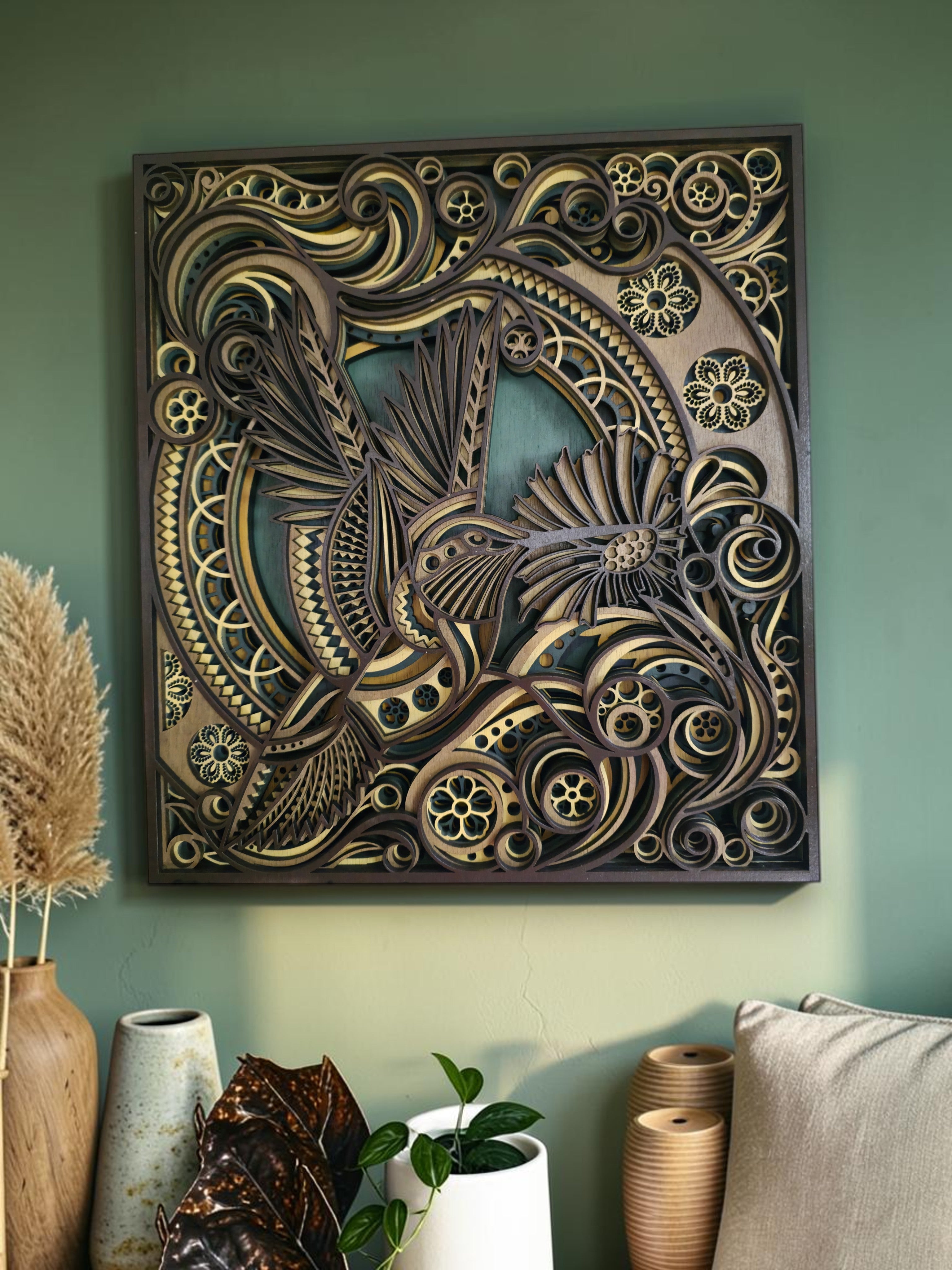 Hummingbird Mandala Layered Wood Wall Art