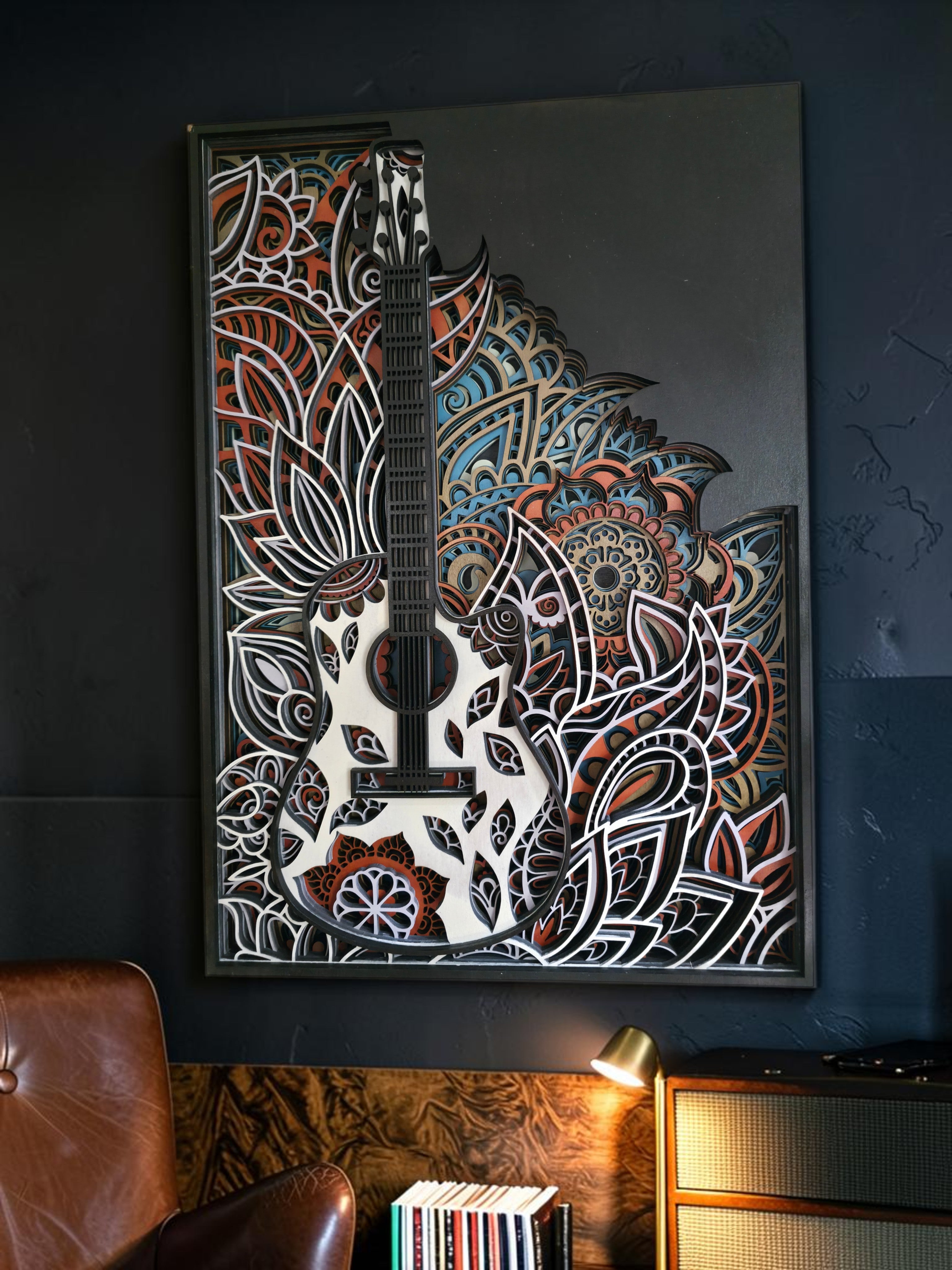 Acoustic Guitar Mandala Layered Wood Wall Art – 12.93" × 18.527"