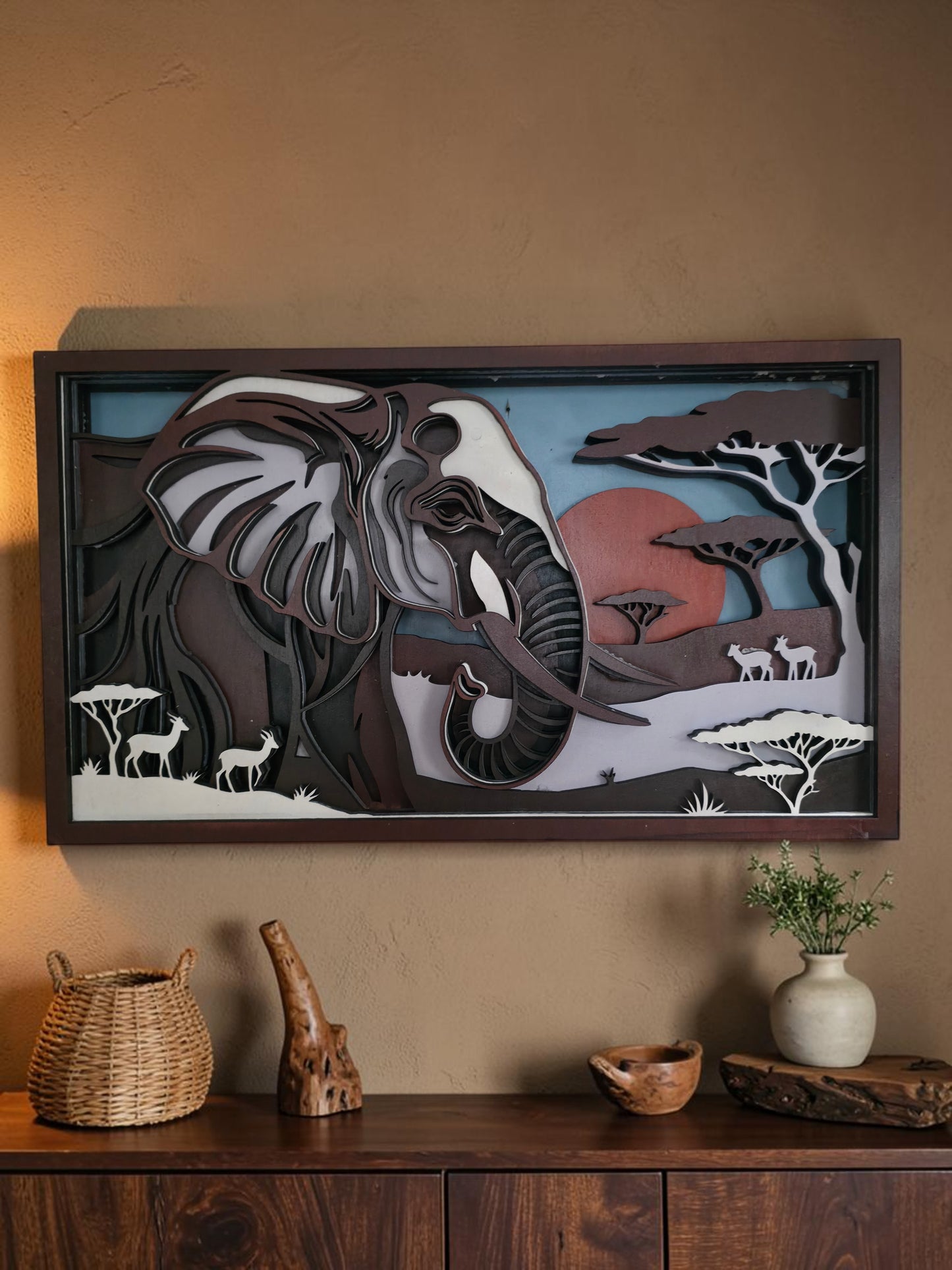 African Elephant Safari Layered Wood Wall Art – 15.63" × 9.04"
