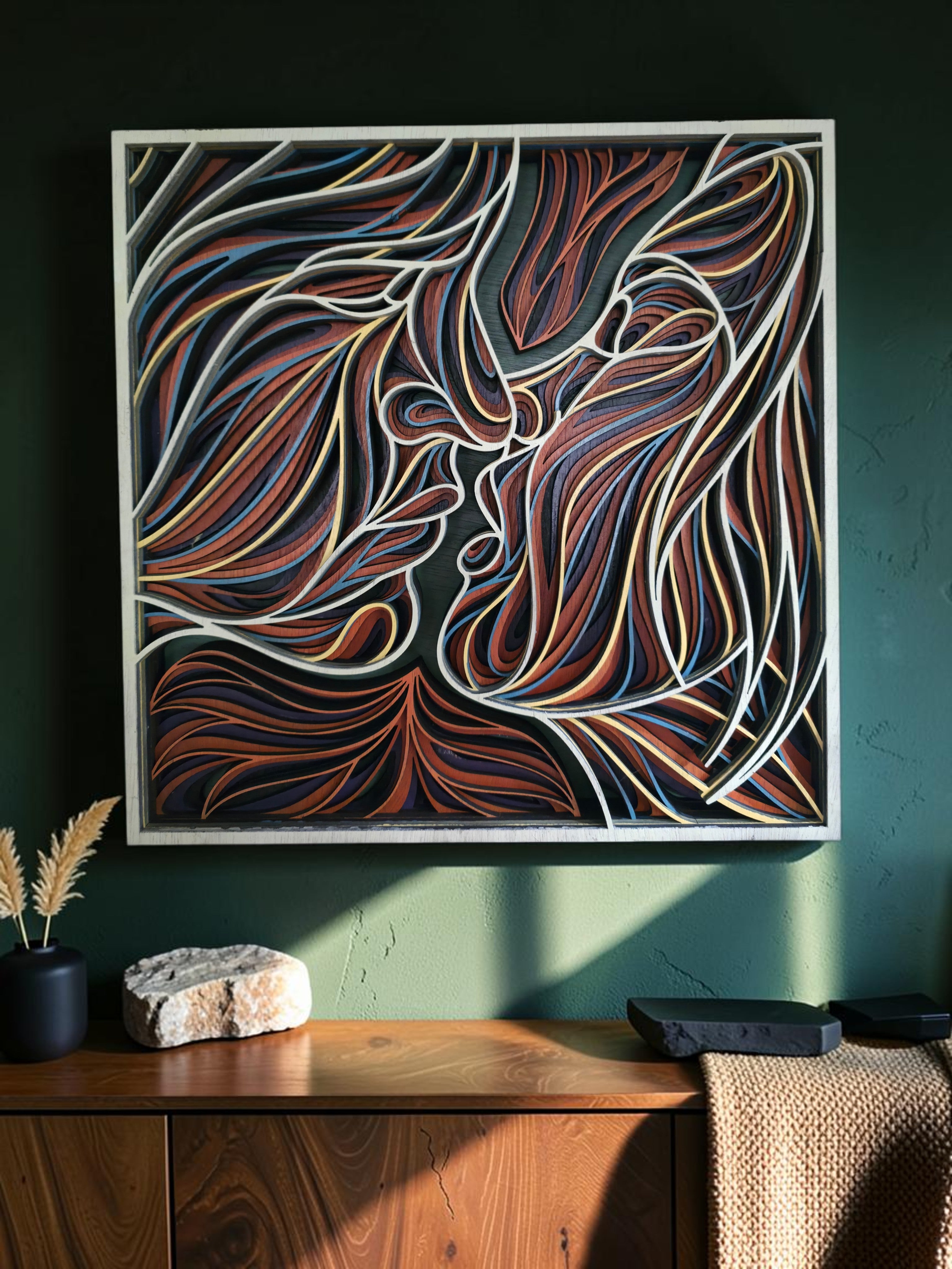 Abstract Lovers Kissing Layered Wood Wall Art – 15.1" × 15.1"