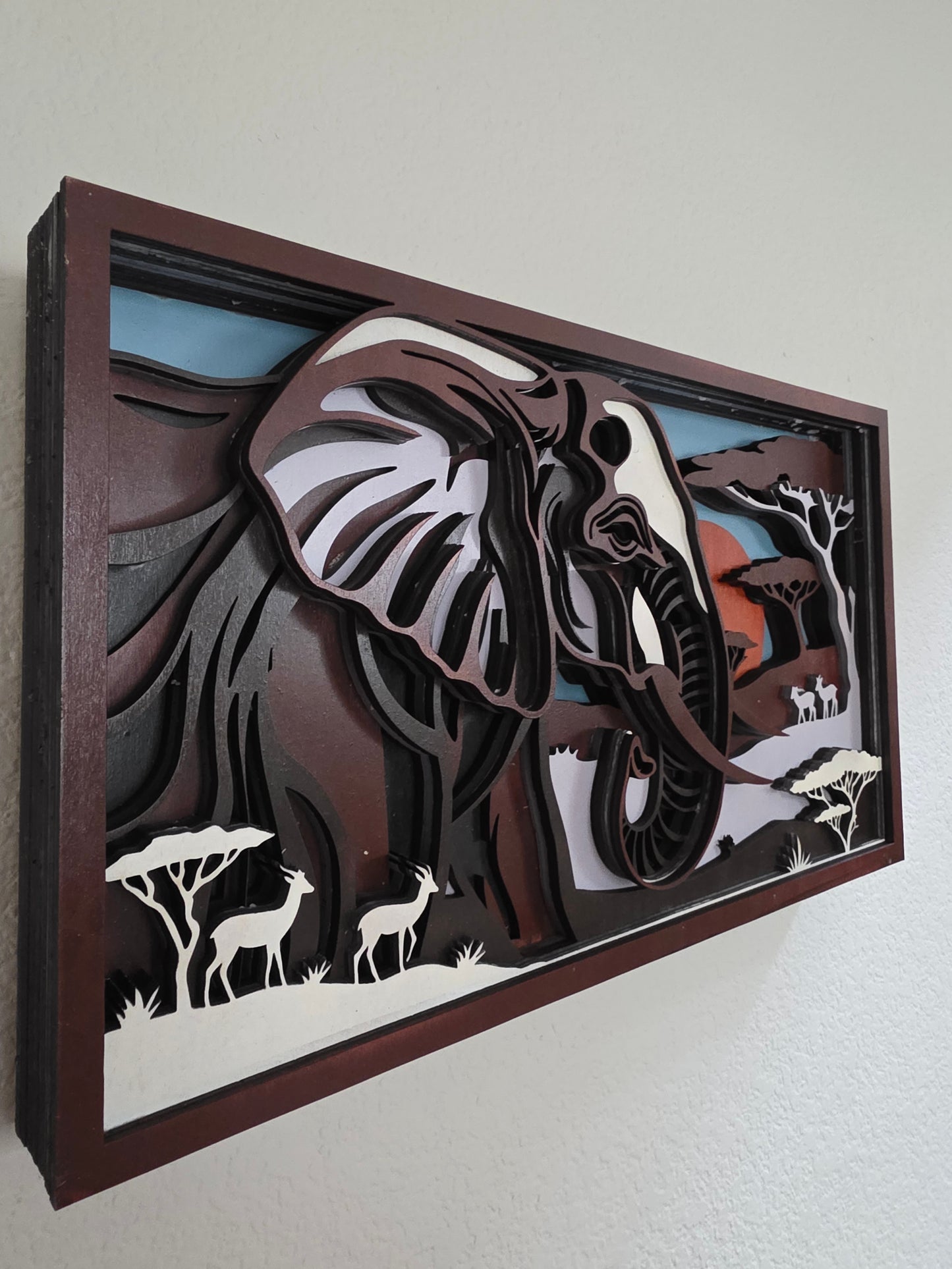 African Elephant Safari Layered Wood Wall Art – 15.63" × 9.04"