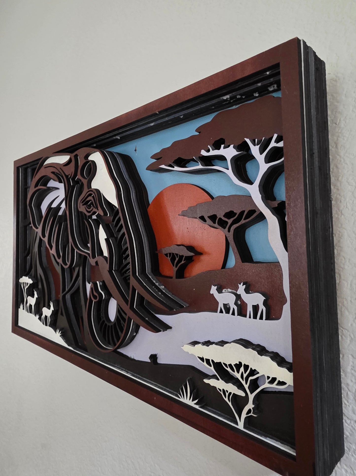 African Elephant Safari Layered Wood Wall Art – 15.63" × 9.04"