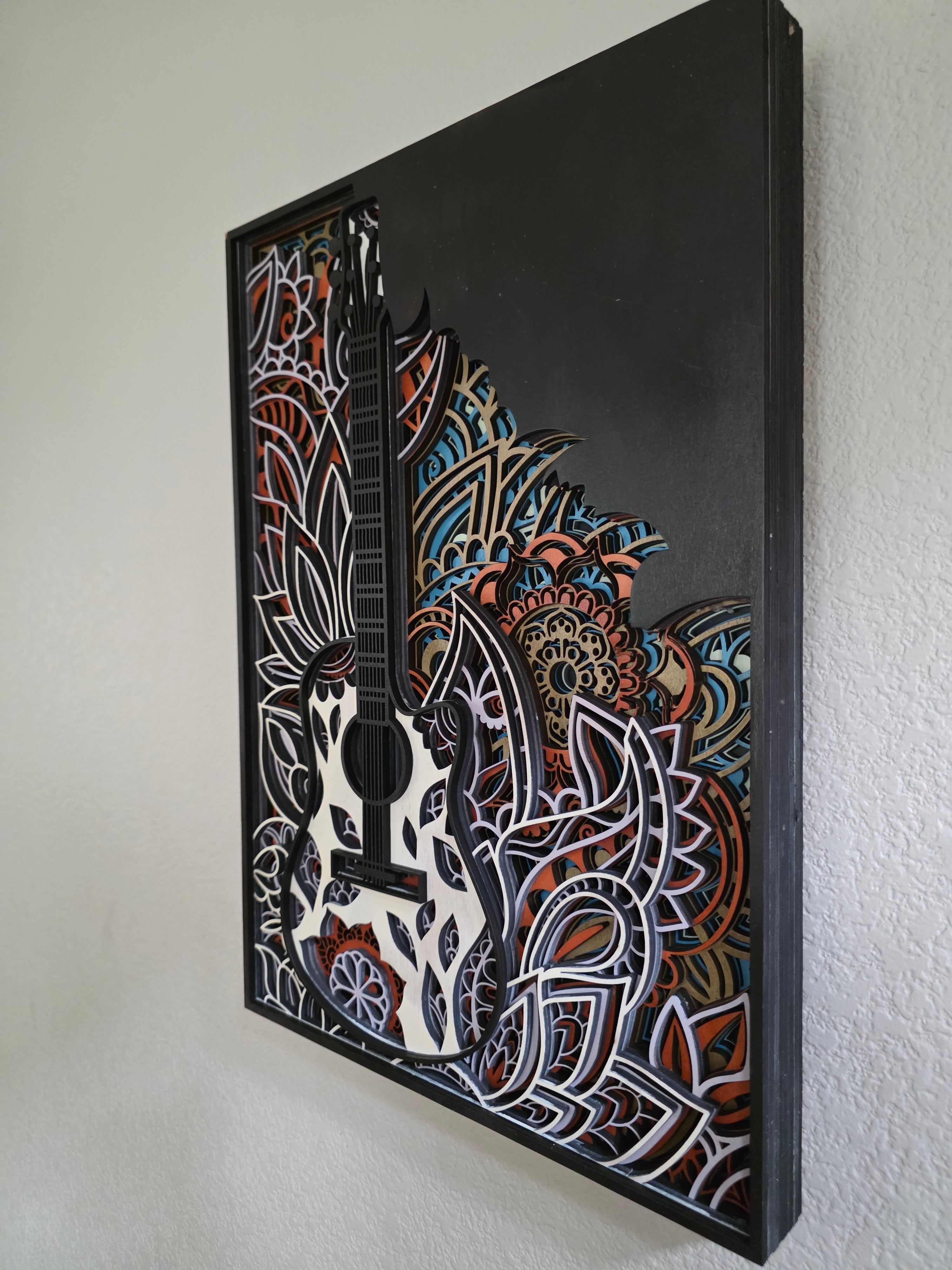 Acoustic Guitar Mandala Layered Wood Wall Art – 12.93" × 18.527"