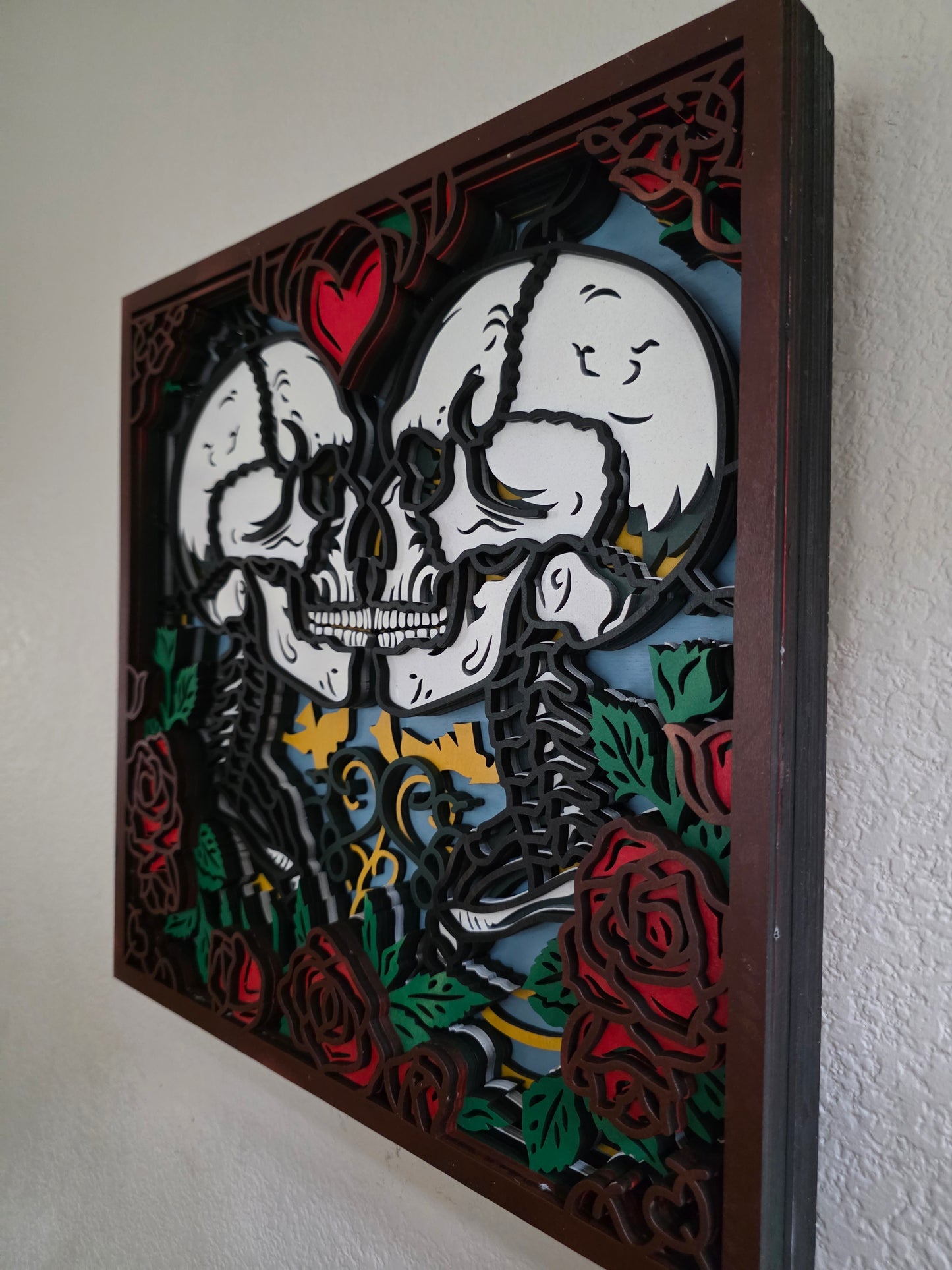 Gothic Skeleton Lovers Layered Wood Wall Art – 14.28" Square