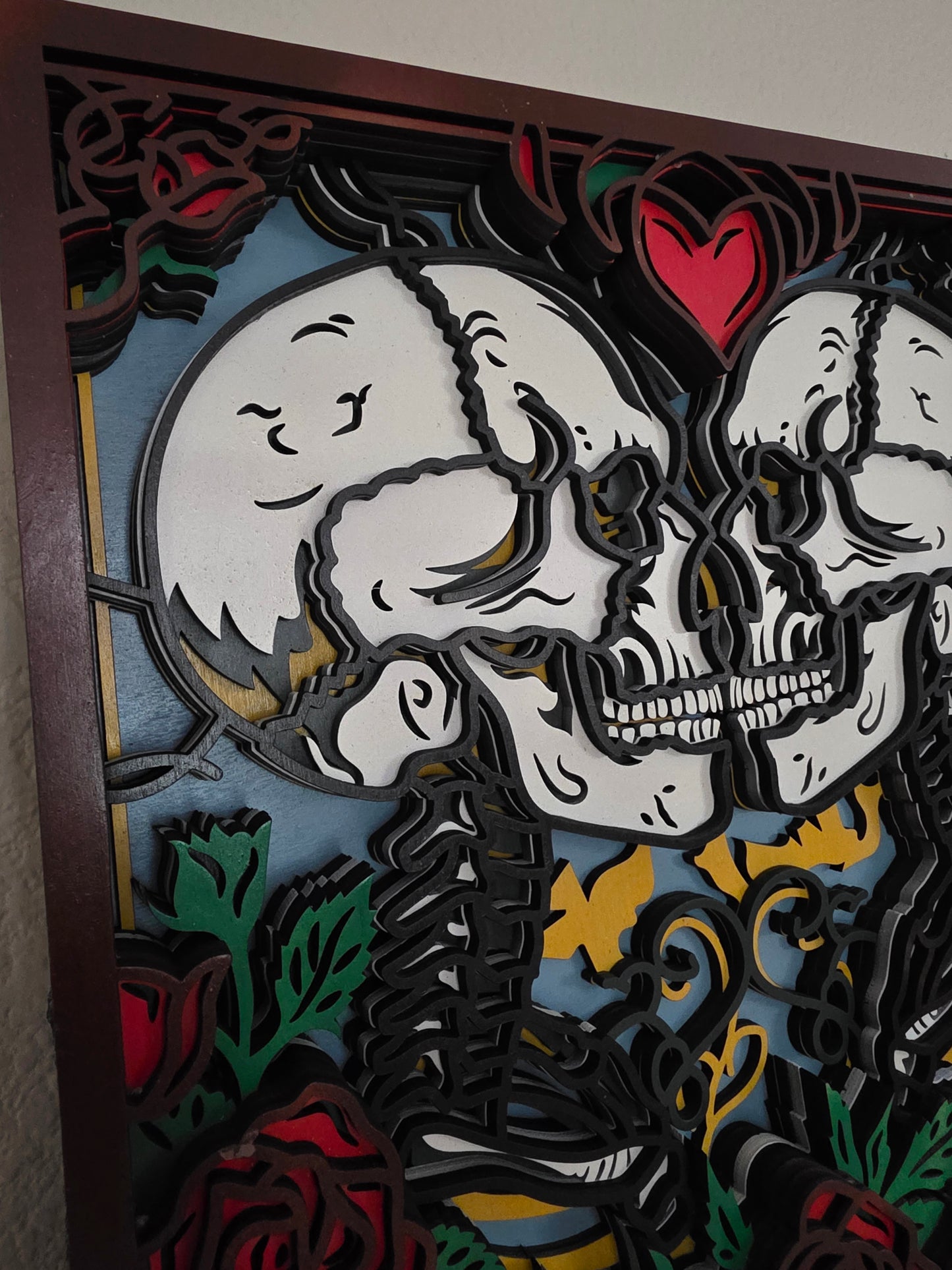 Gothic Skeleton Lovers Layered Wood Wall Art – 14.28" Square