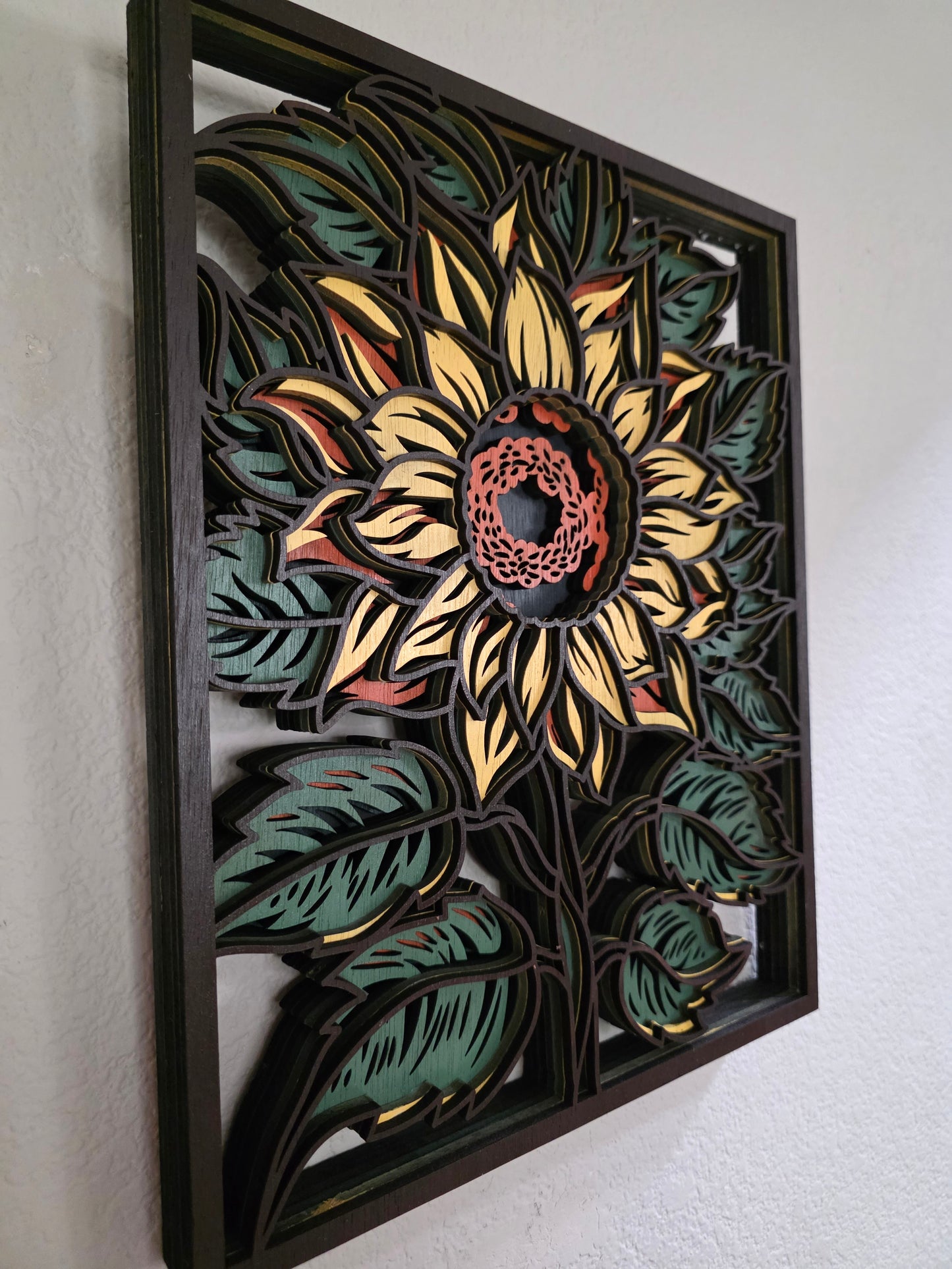 Sunflower Mandala Layered Wood Wall Art – 12.11" × 15.14"