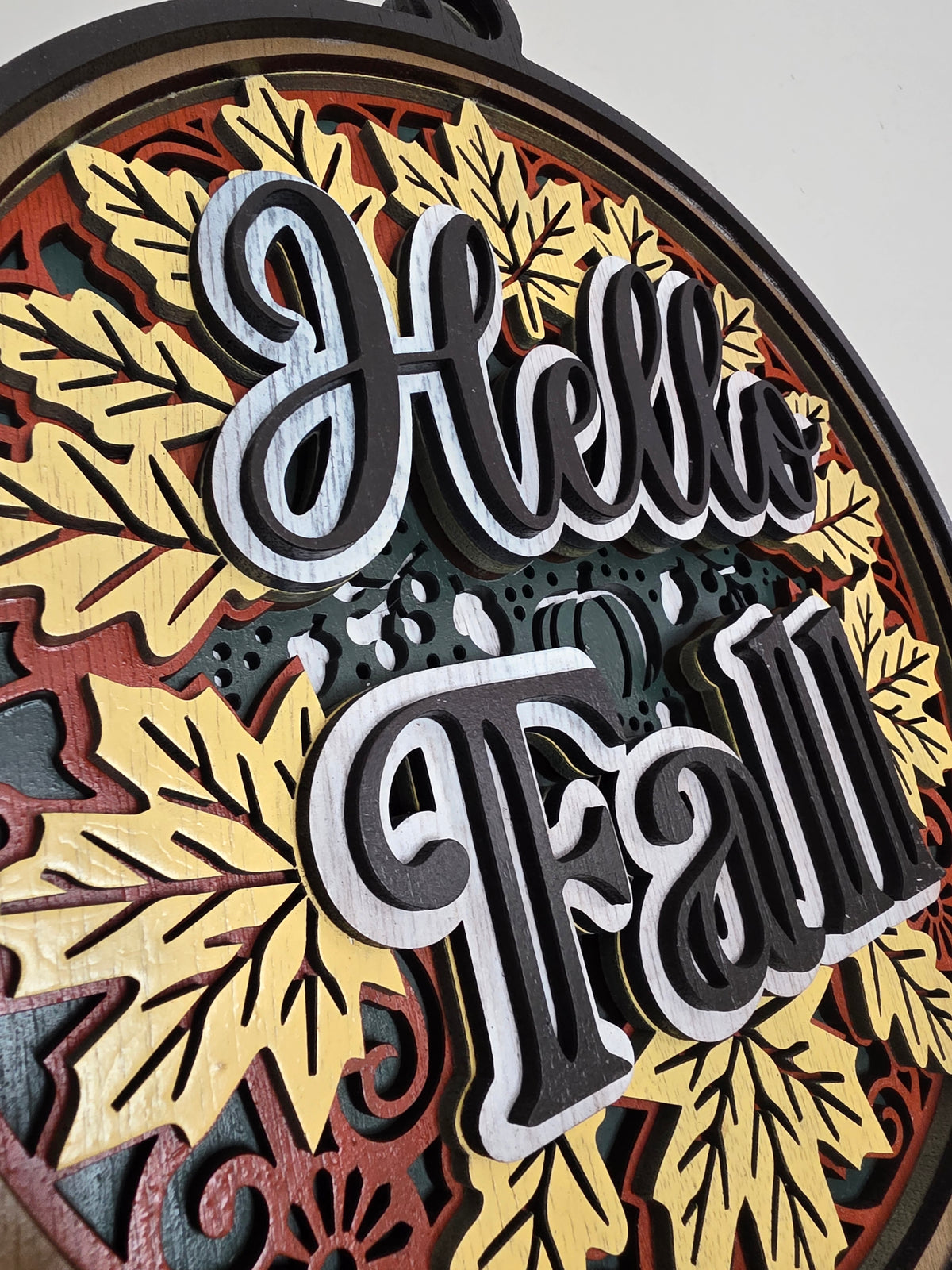 3D Layered Hello Fall Wood Wall Art – Hand-Painted Autumn Mandala Décor