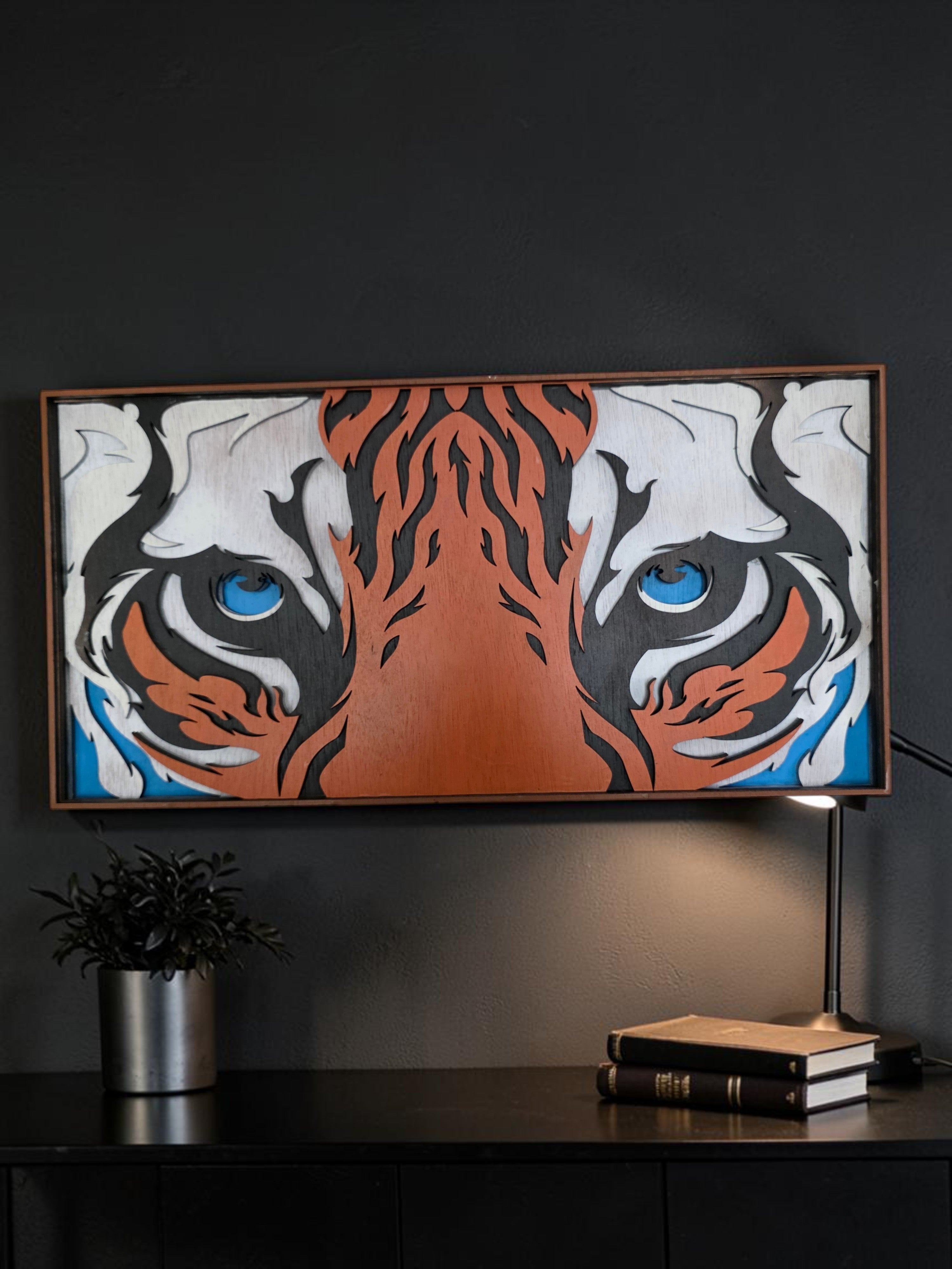Tiger Eyes Layered Wood Wall Art – Framed Wildlife Décor