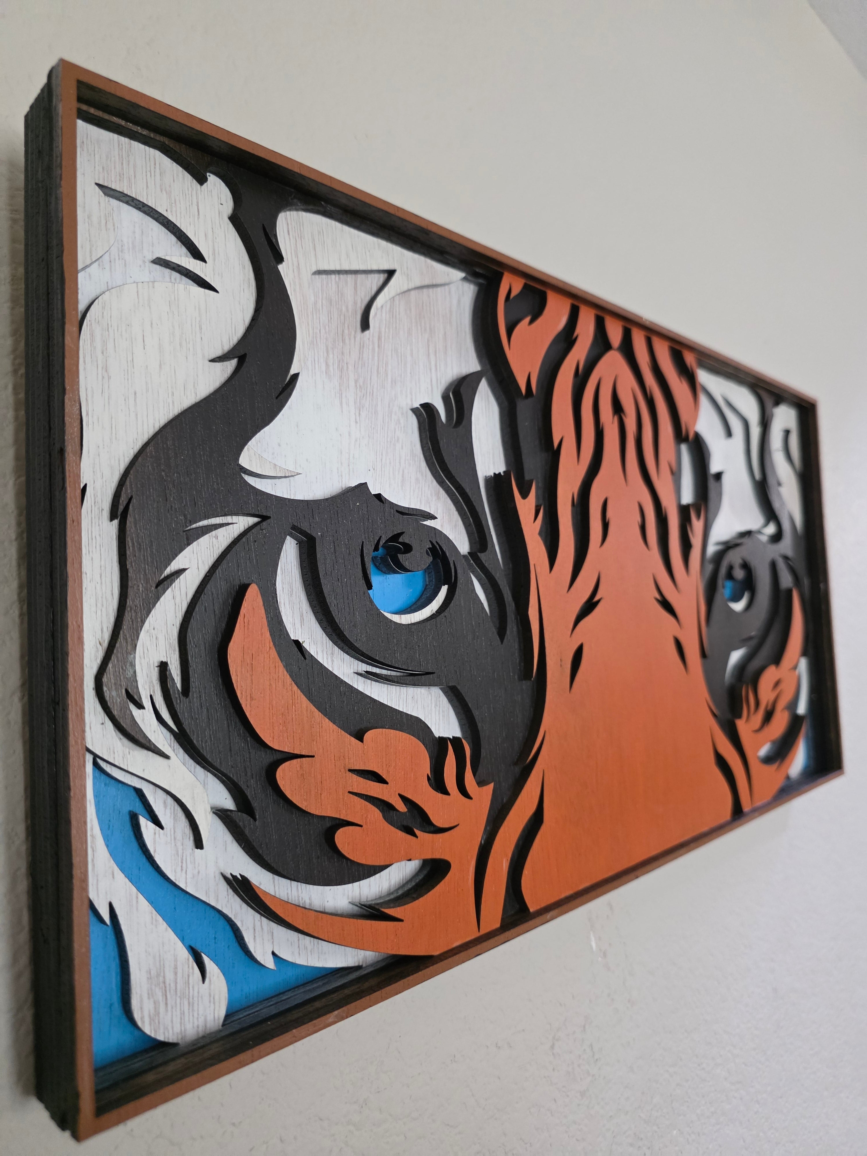 Tiger Eyes Layered Wood Wall Art – Framed Wildlife Décor