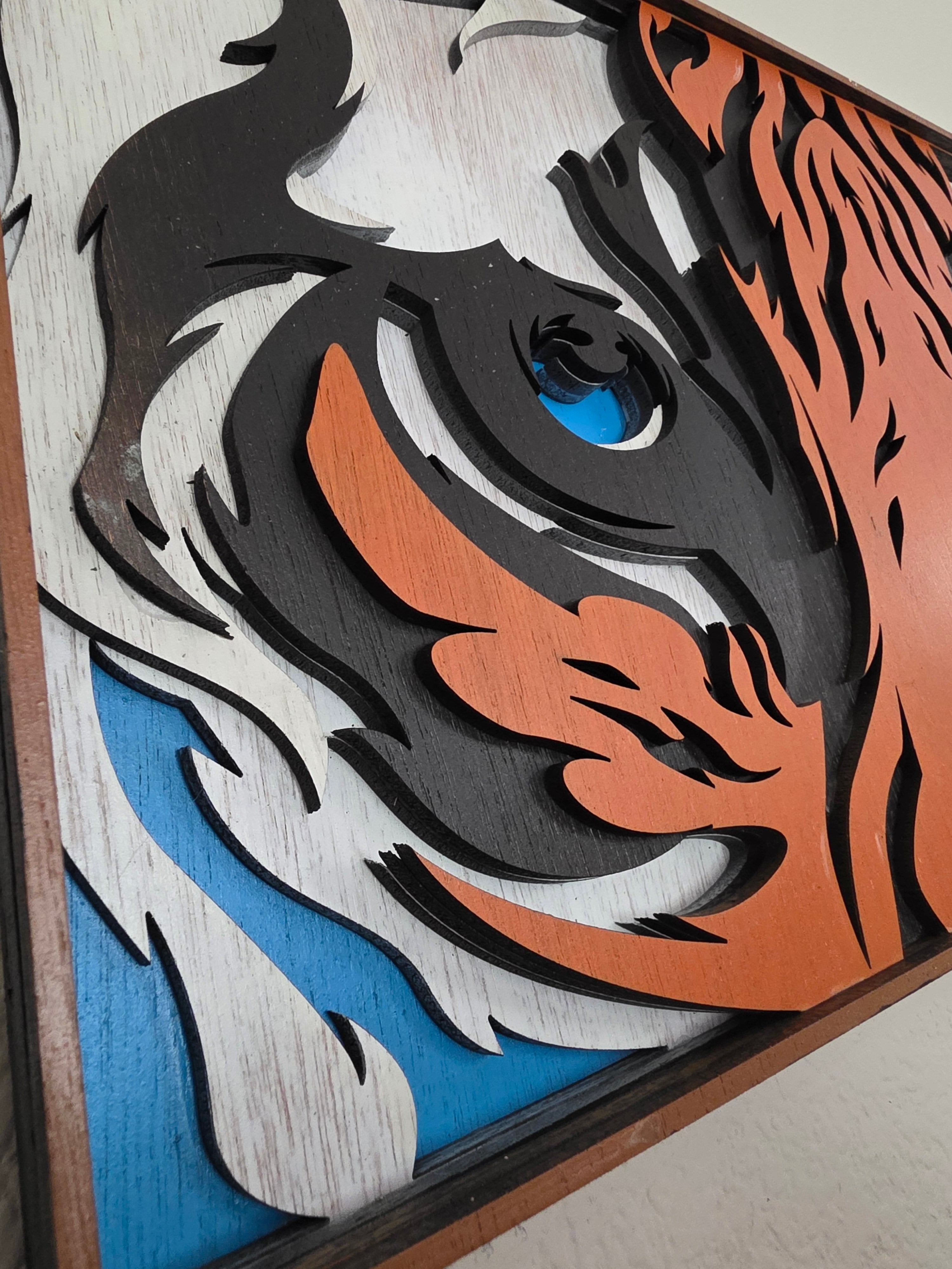 Tiger Eyes Layered Wood Wall Art – Framed Wildlife Décor