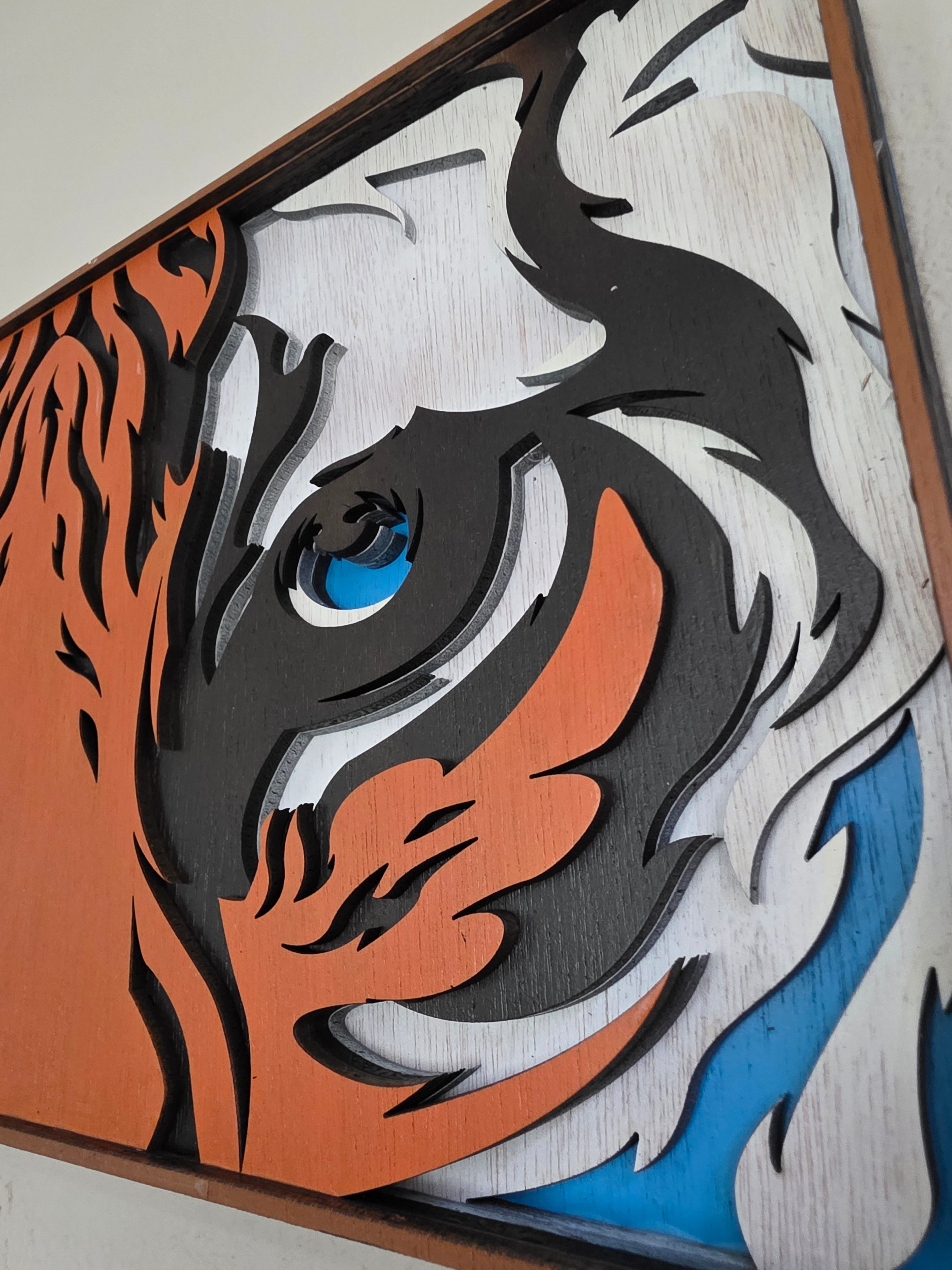 Tiger Eyes Layered Wood Wall Art – Framed Wildlife Décor