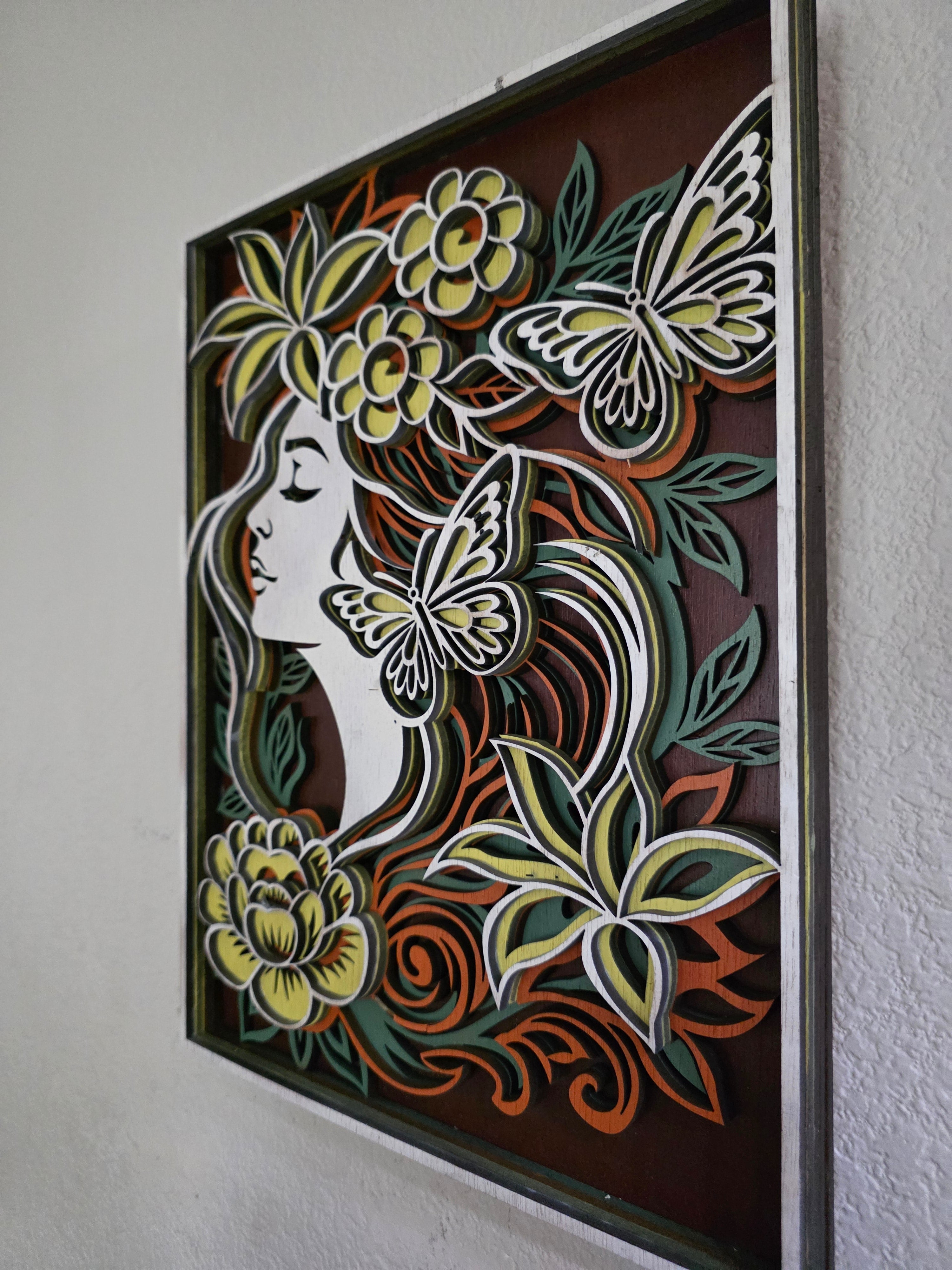Floral Woman Layered Wood Wall Art – Framed Butterfly Décor