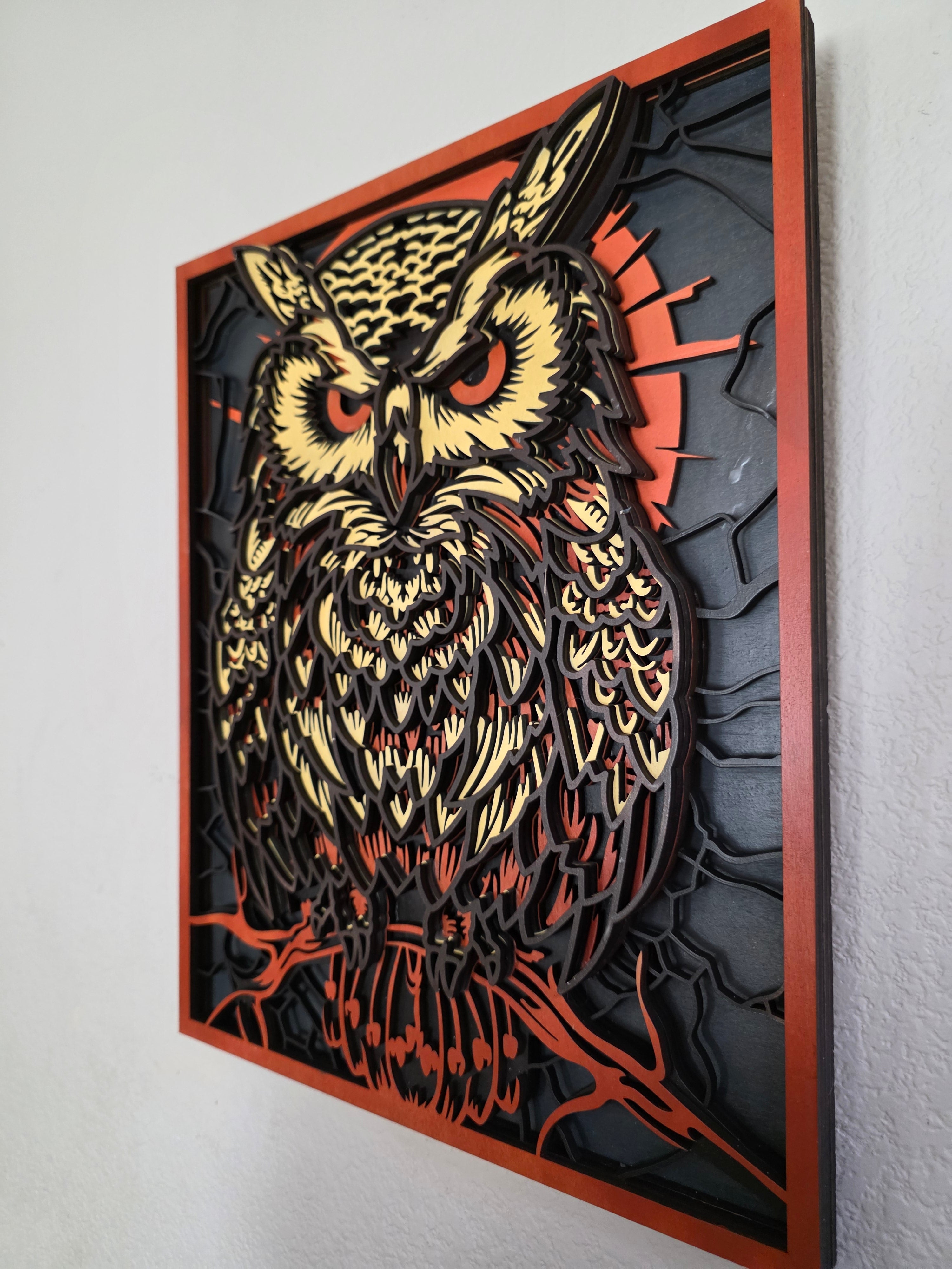 Great Horned Owl Layered Wood Wall Art – Framed Halloween Décor