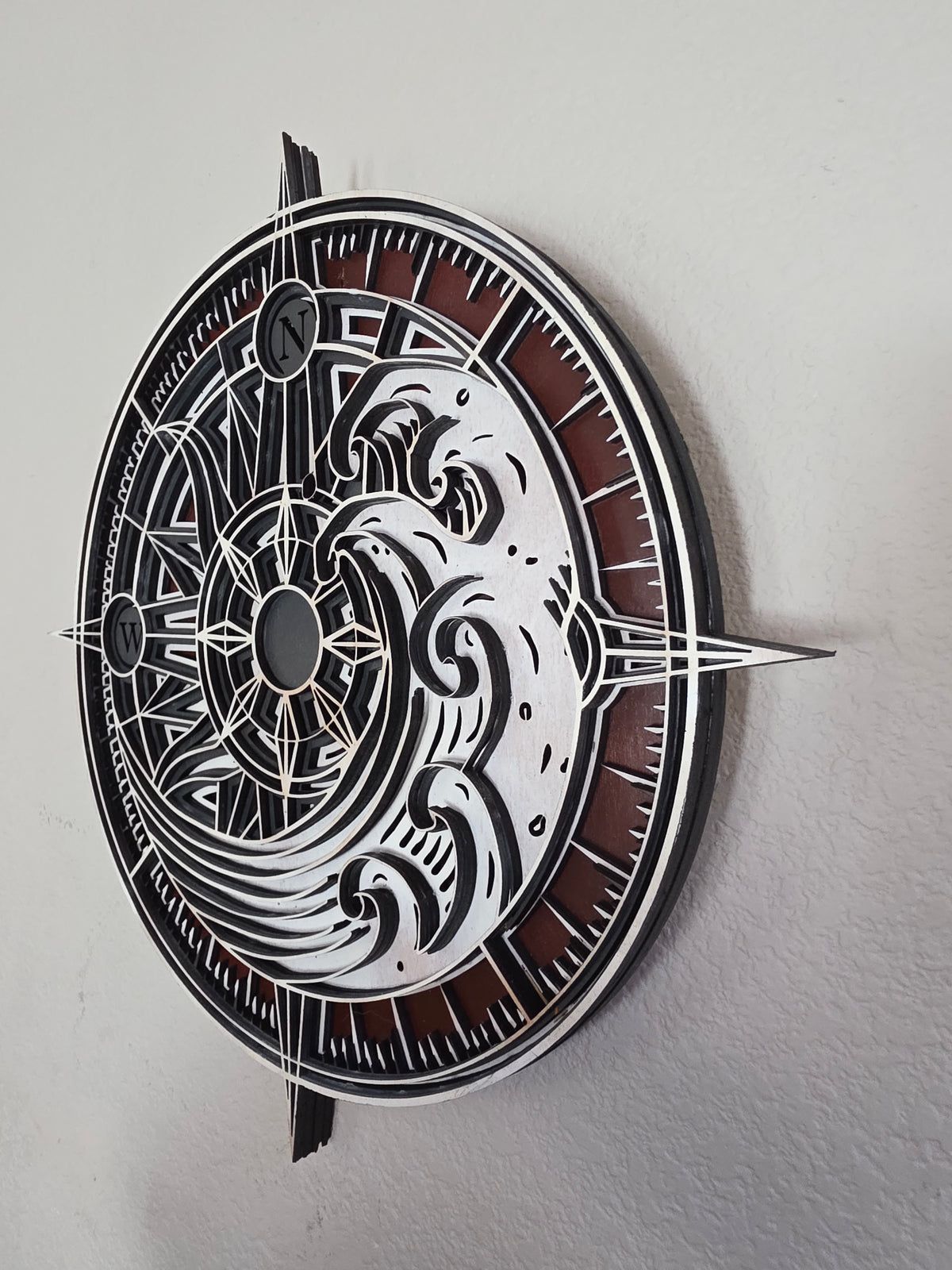 Compass Wave Layered Wood Wall Art – Nautical Décor