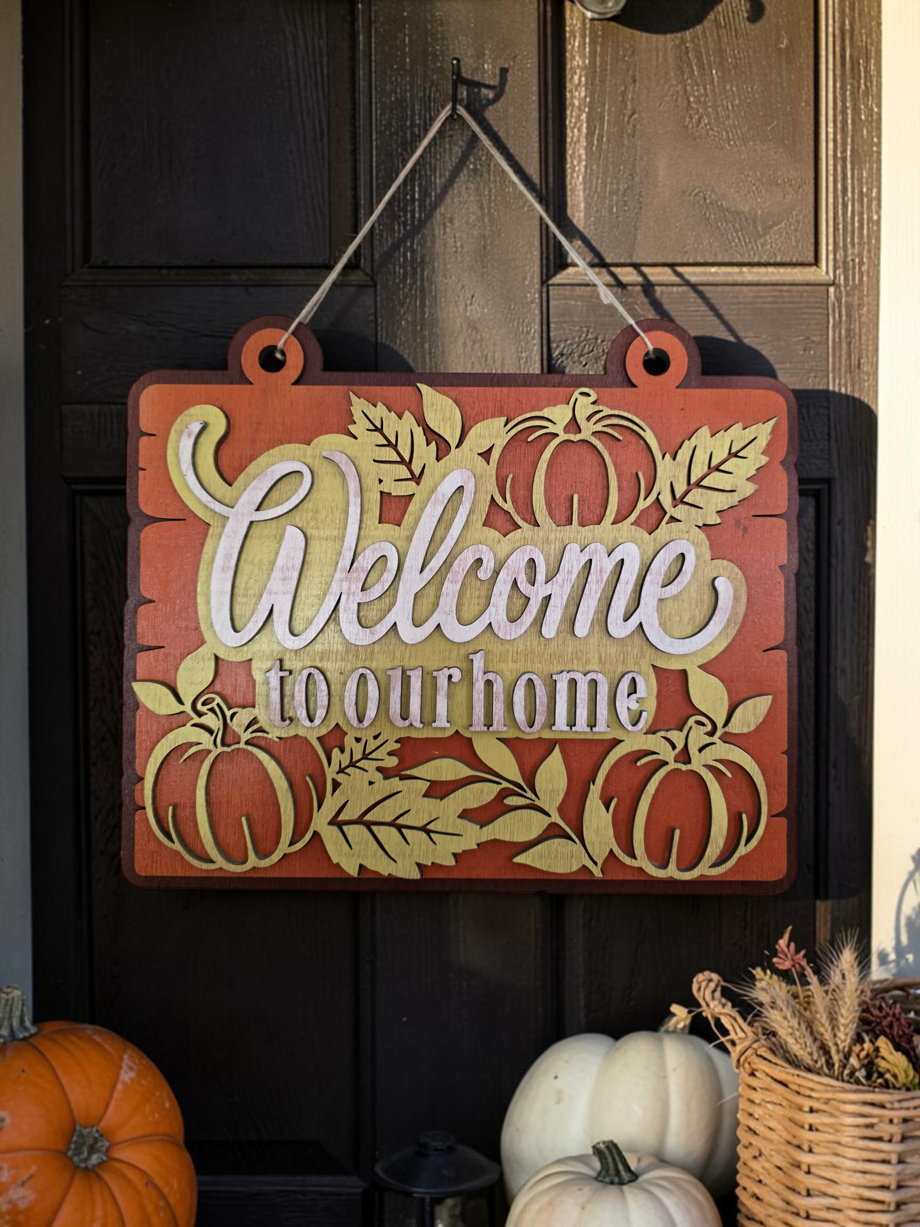 Welcome to Our Home Pumpkin Wood Sign – Fall Door Décor