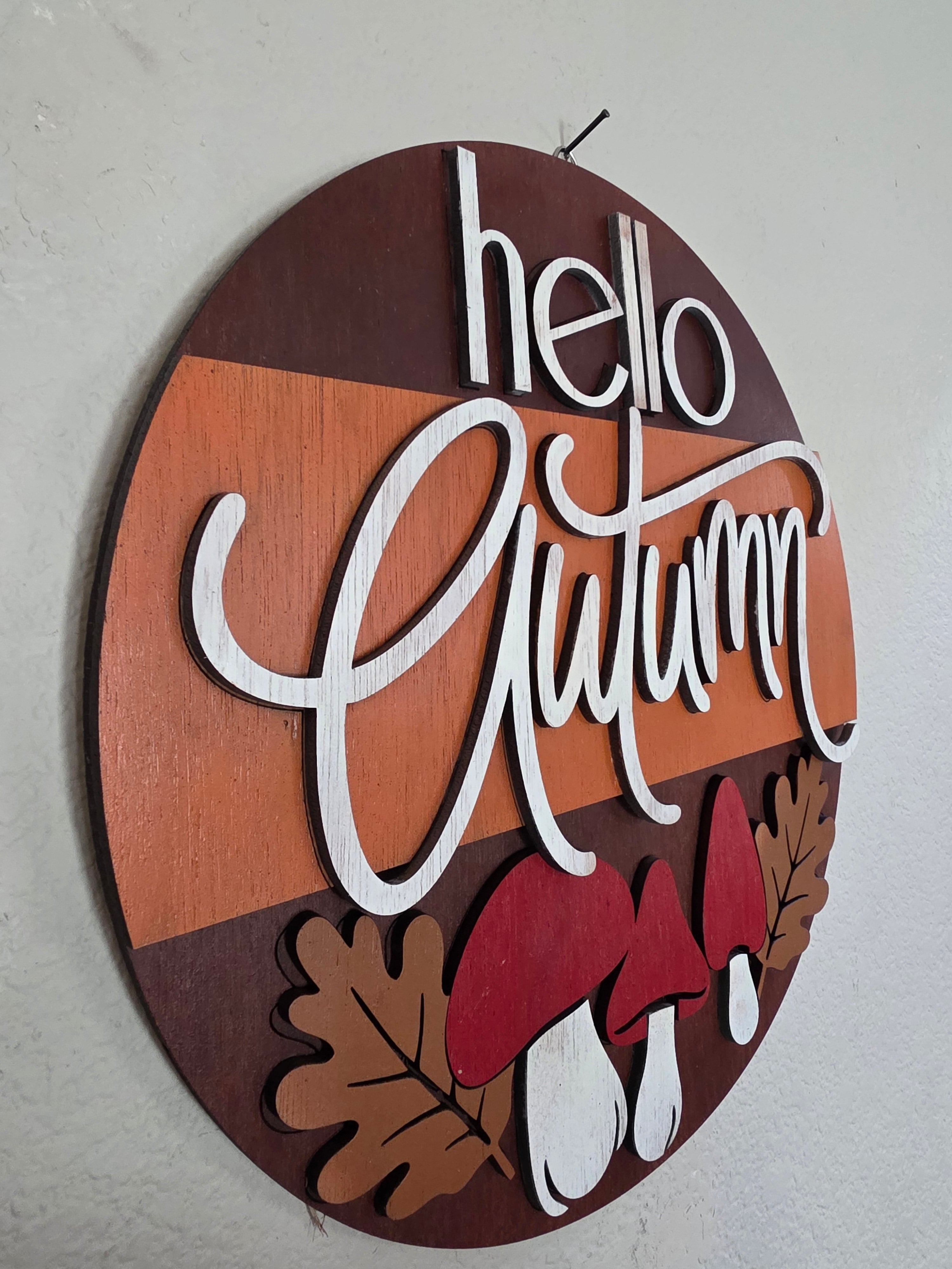 Hello Autumn Mushroom Wood Sign – Round Fall Décor