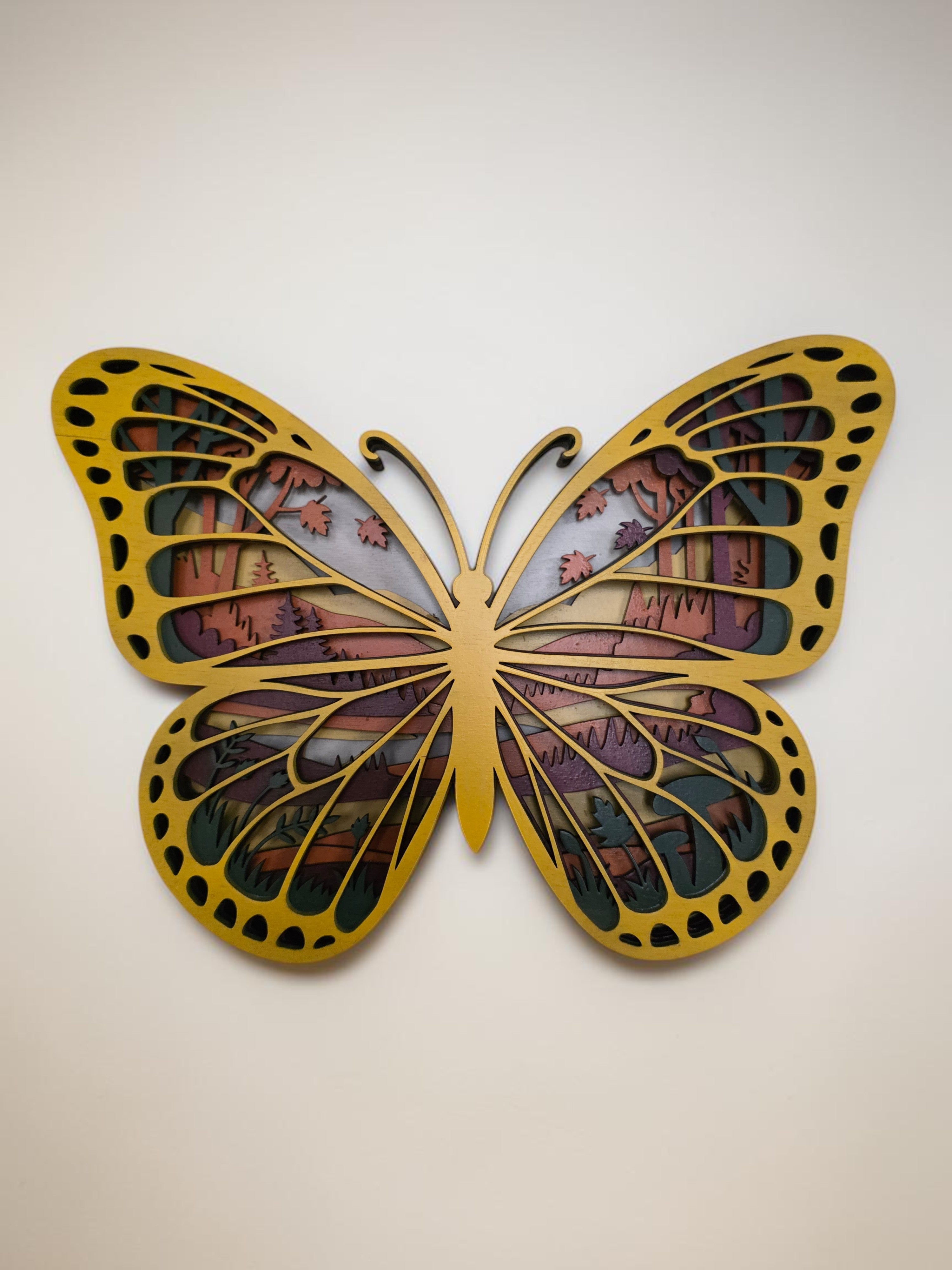 Monarch Butterfly Layered Wood Wall Art – Autumn Forest Scene Décor