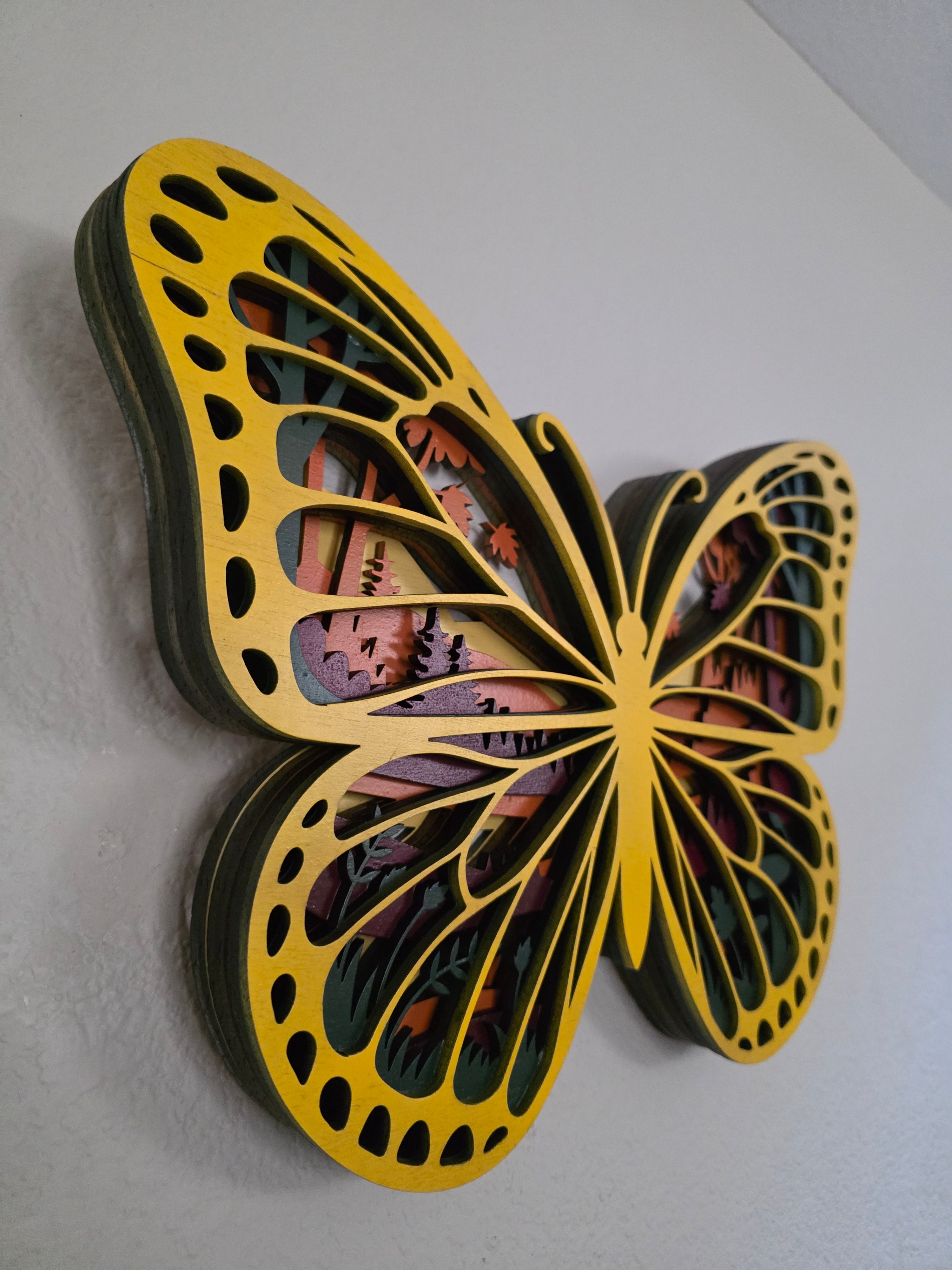 Monarch Butterfly Layered Wood Wall Art – Autumn Forest Scene Décor