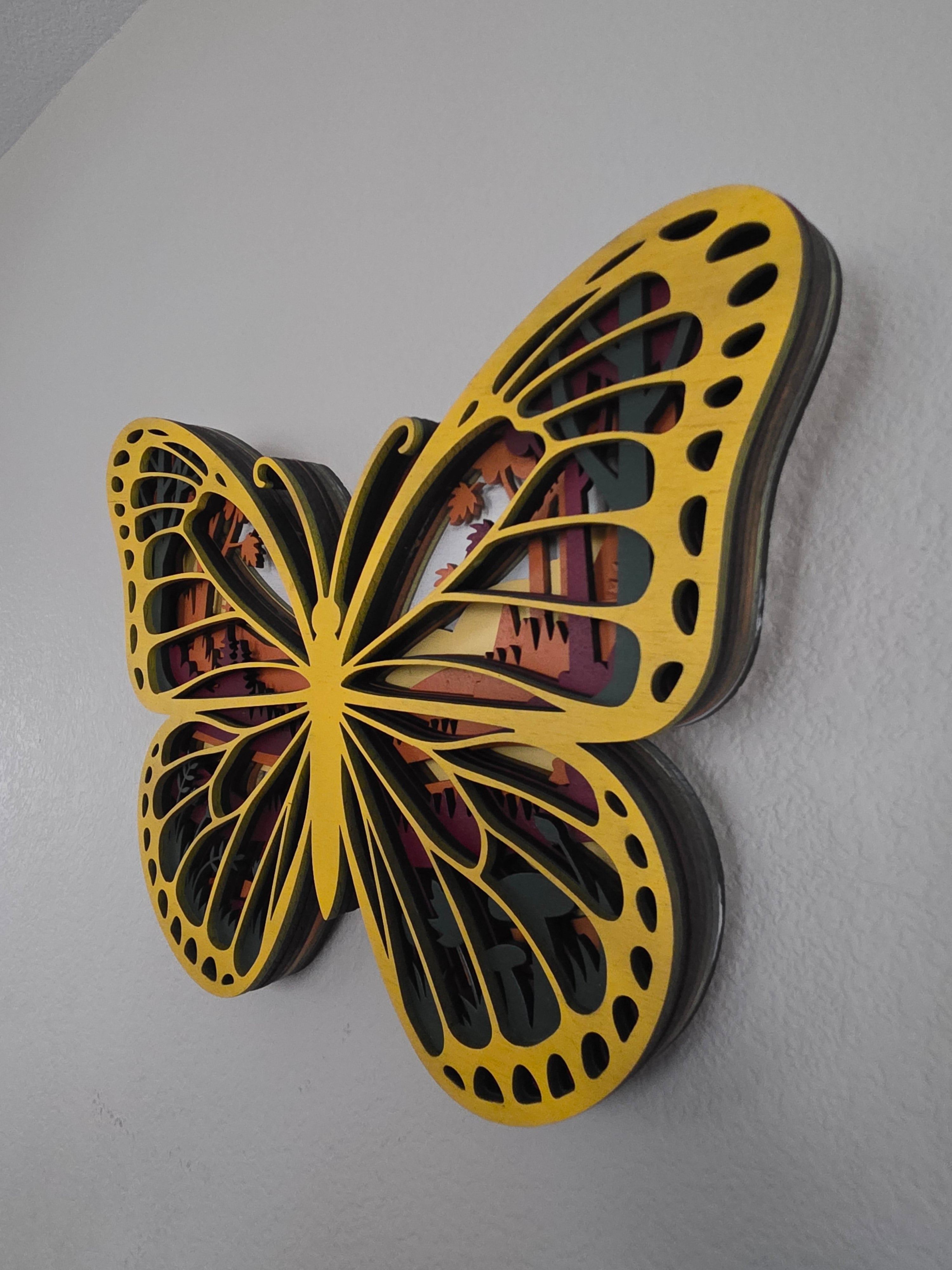 Monarch Butterfly Layered Wood Wall Art – Autumn Forest Scene Décor