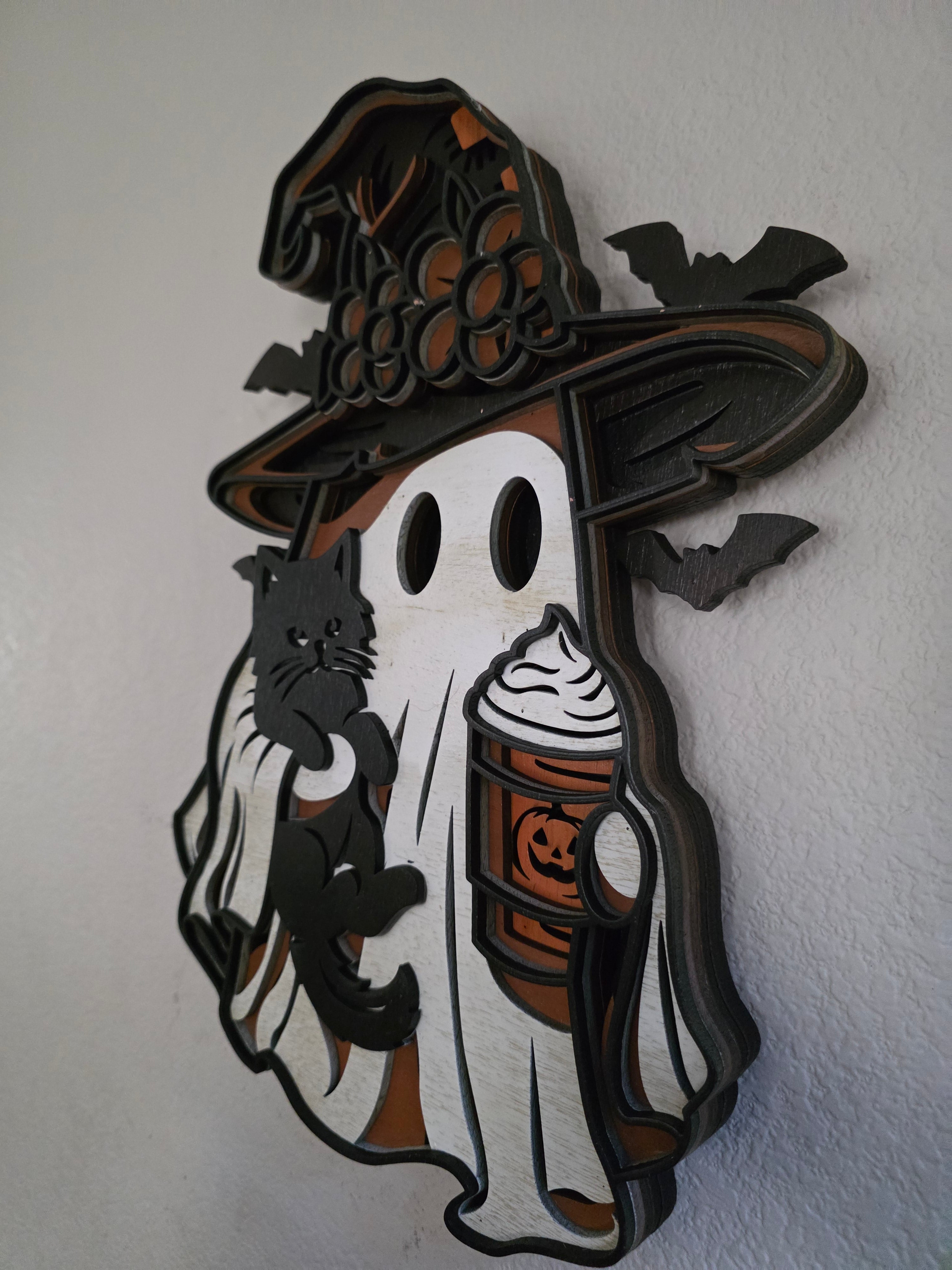 Witchy Ghost with Black Cat & Pumpkin Latte Layered Wood Wall Art – Halloween Décor