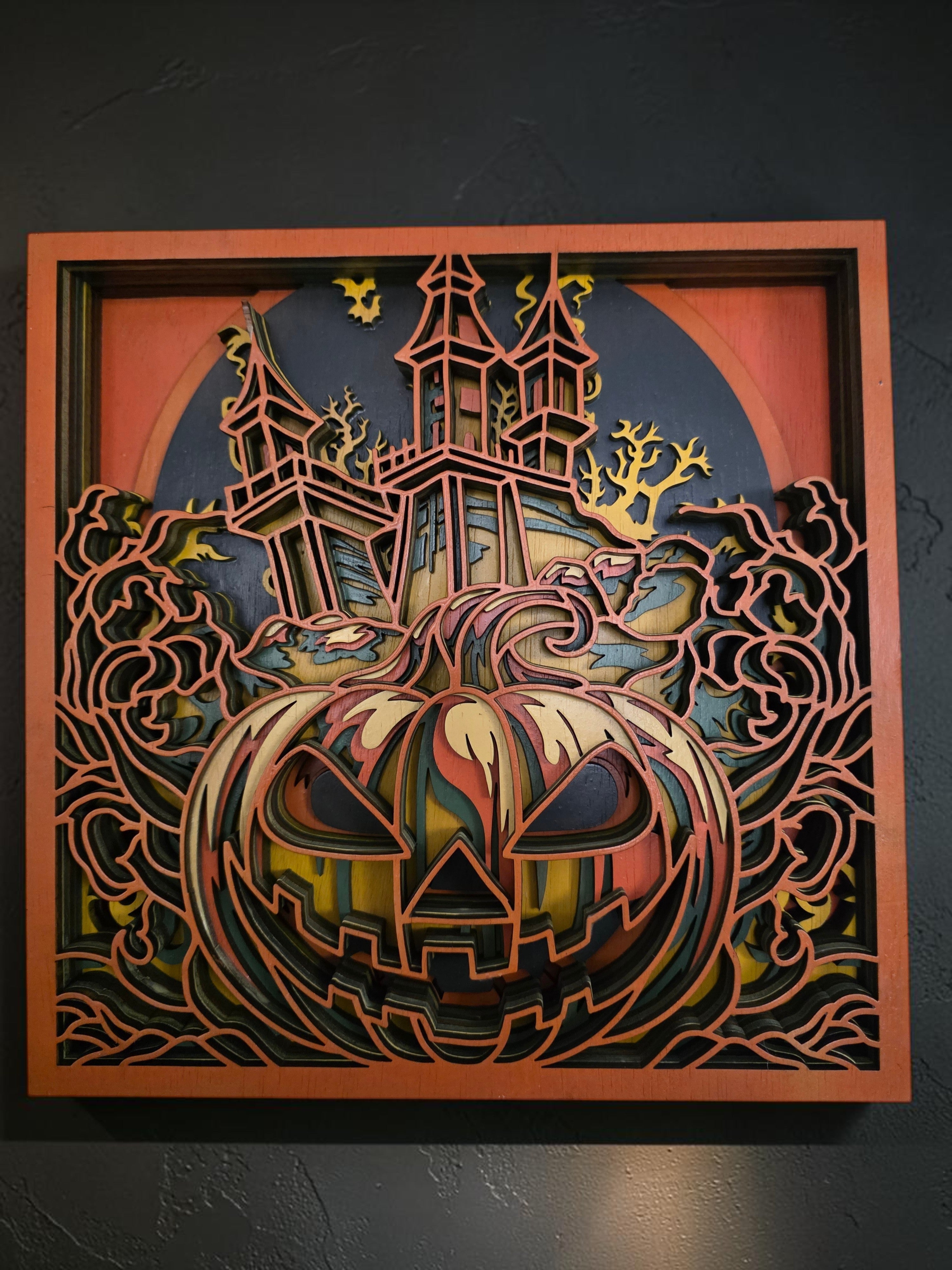 Haunted House Jack-O'-Lantern Framed Layered Wood Wall Art – Halloween Décor