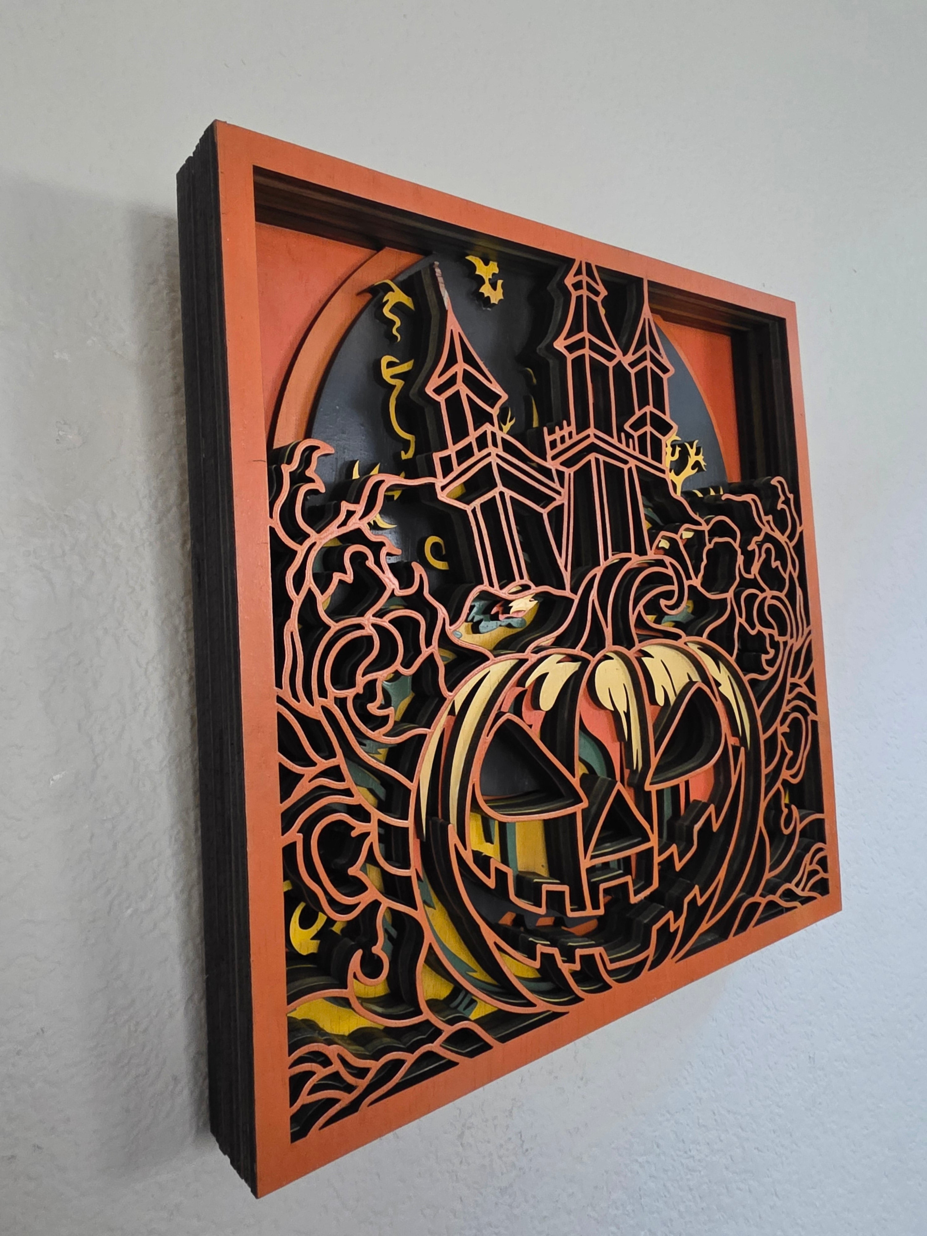Haunted House Jack-O'-Lantern Framed Layered Wood Wall Art – Halloween Décor
