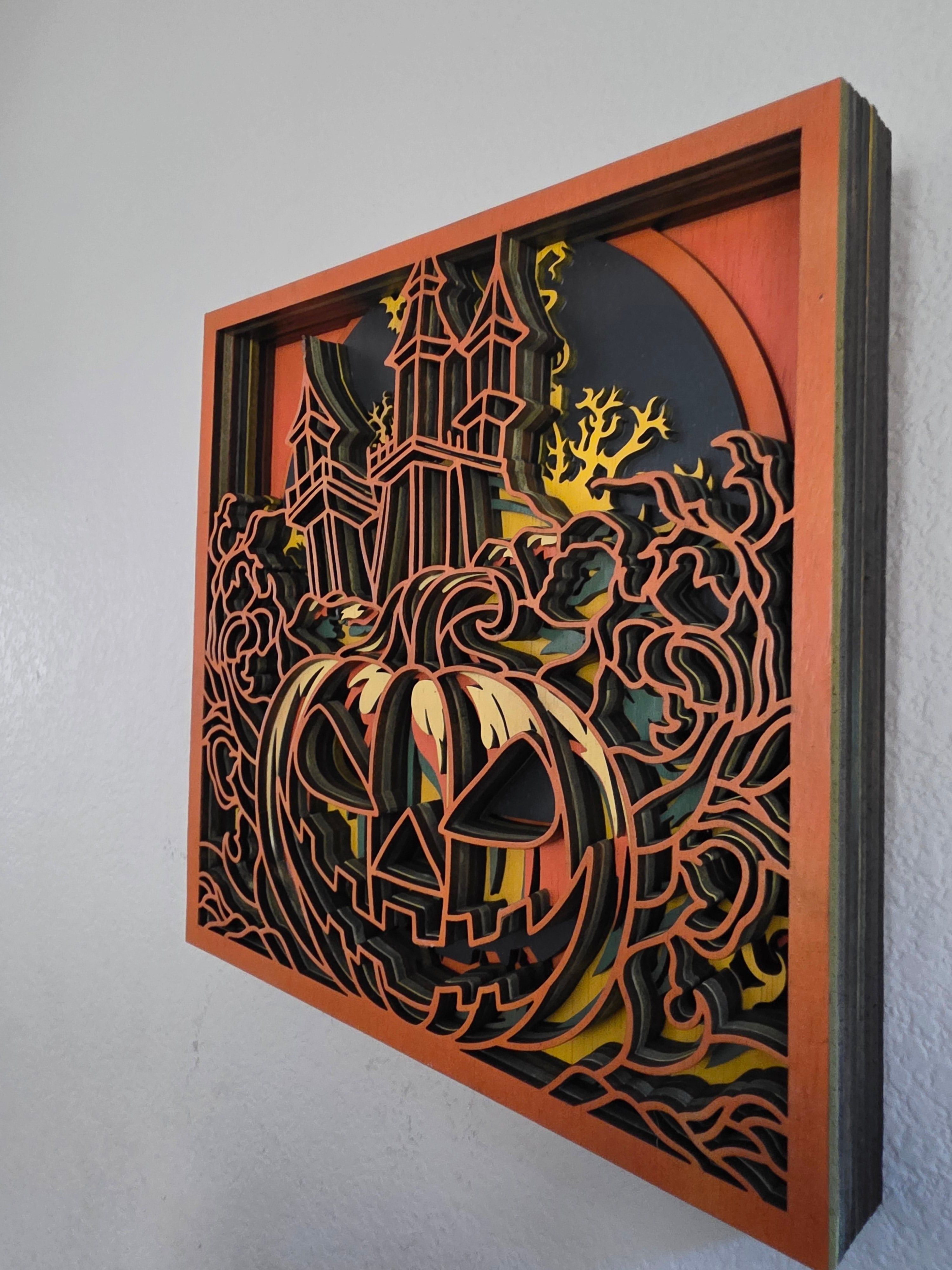Haunted House Jack-O'-Lantern Framed Layered Wood Wall Art – Halloween Décor