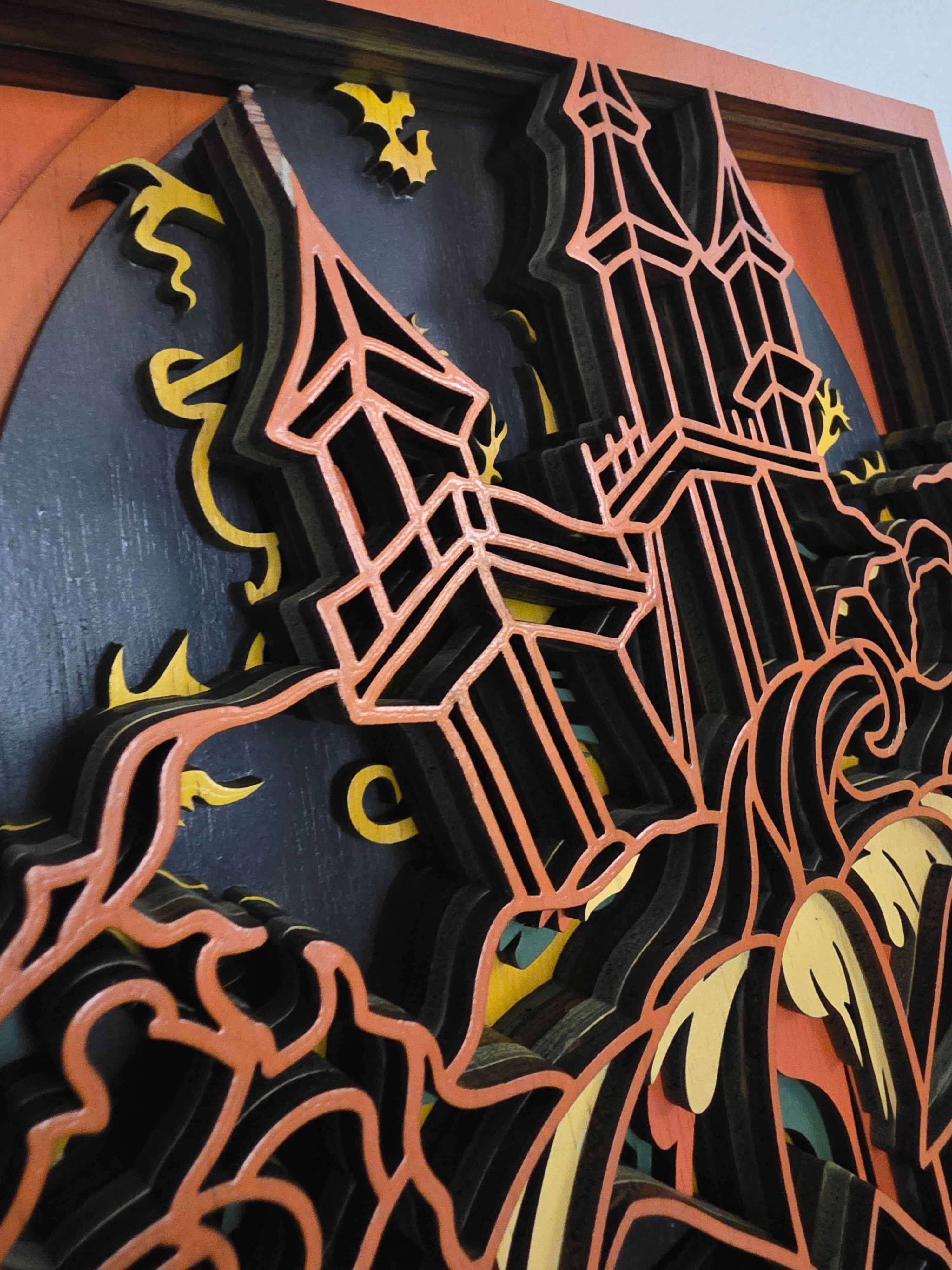 Haunted House Jack-O'-Lantern Framed Layered Wood Wall Art – Halloween Décor