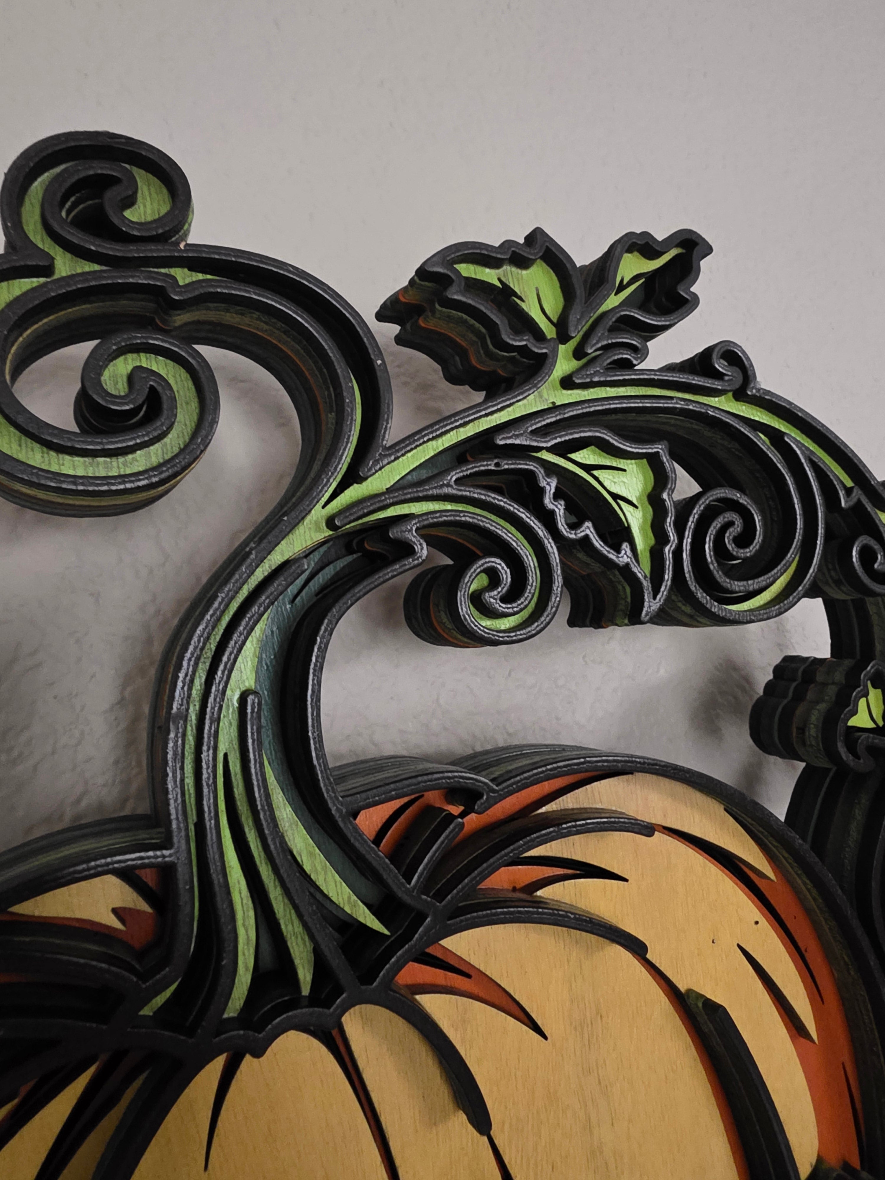 Pumpkin Vine Layered Wood Wall Art – Fall Harvest Décor