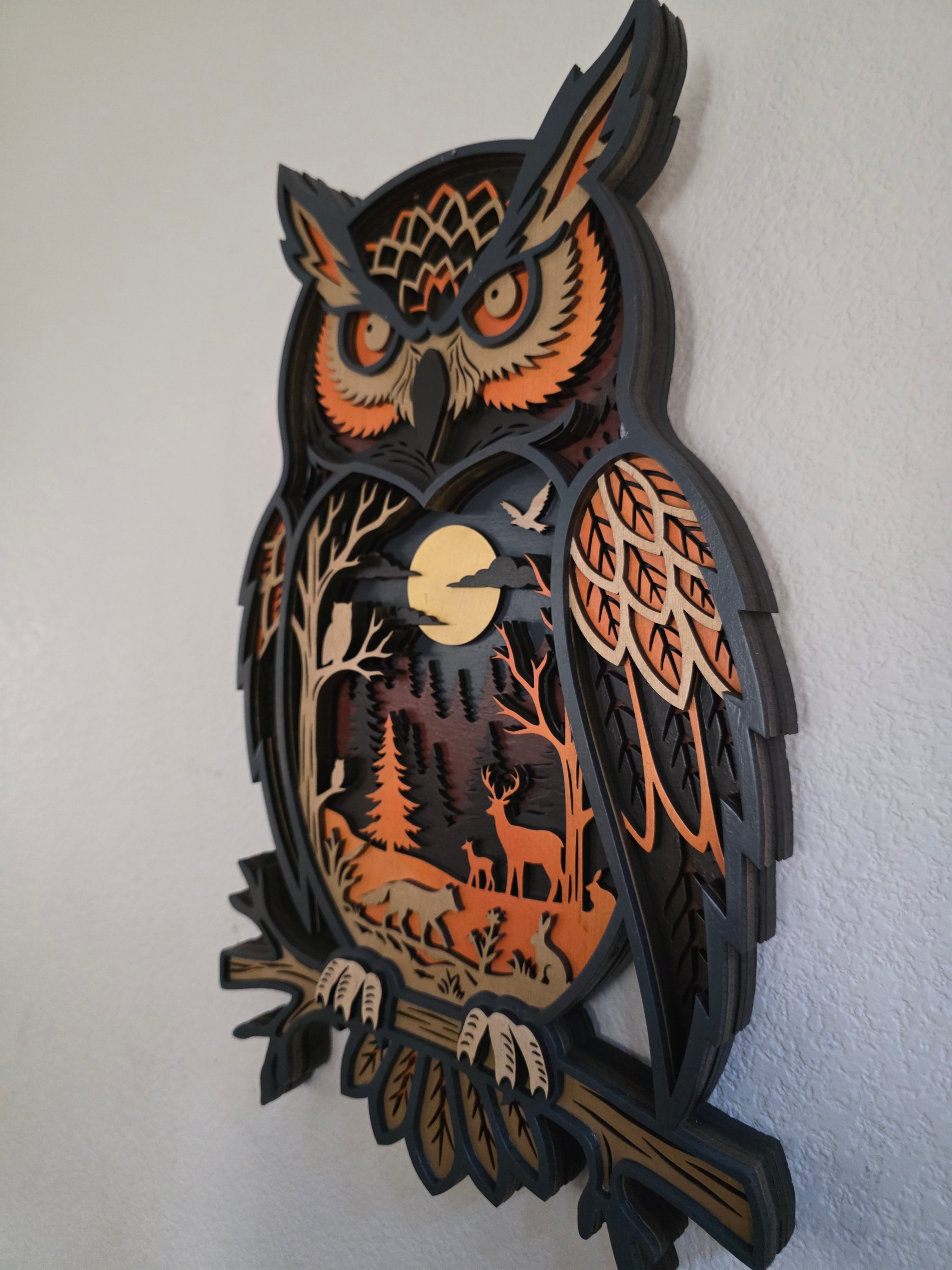 Great Horned Owl Forest Diorama Layered Wood Wall Art – Woodland Décor
