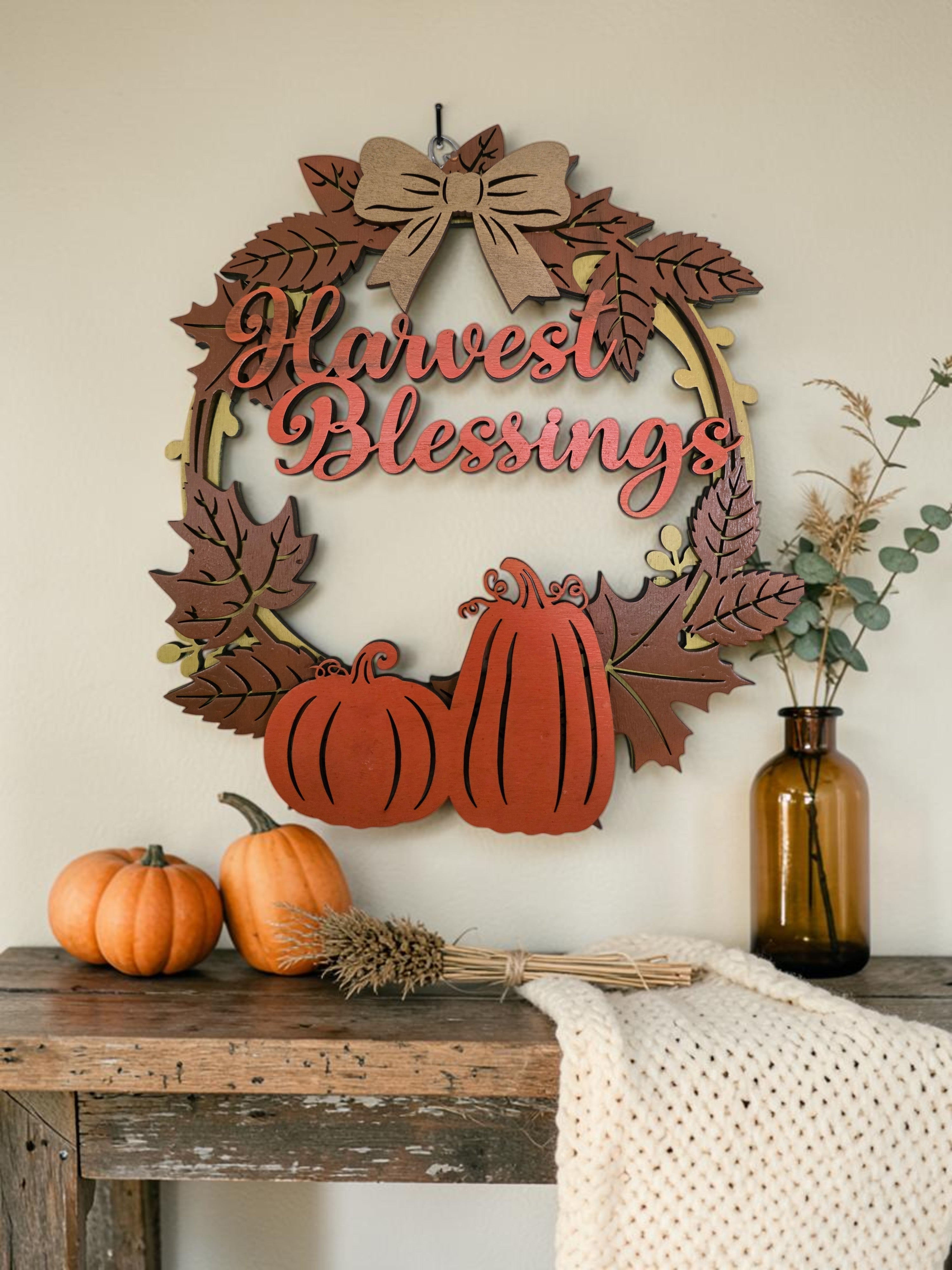 Harvest Blessings Pumpkin Wreath Layered Wood Wall Art – Fall Door Décor