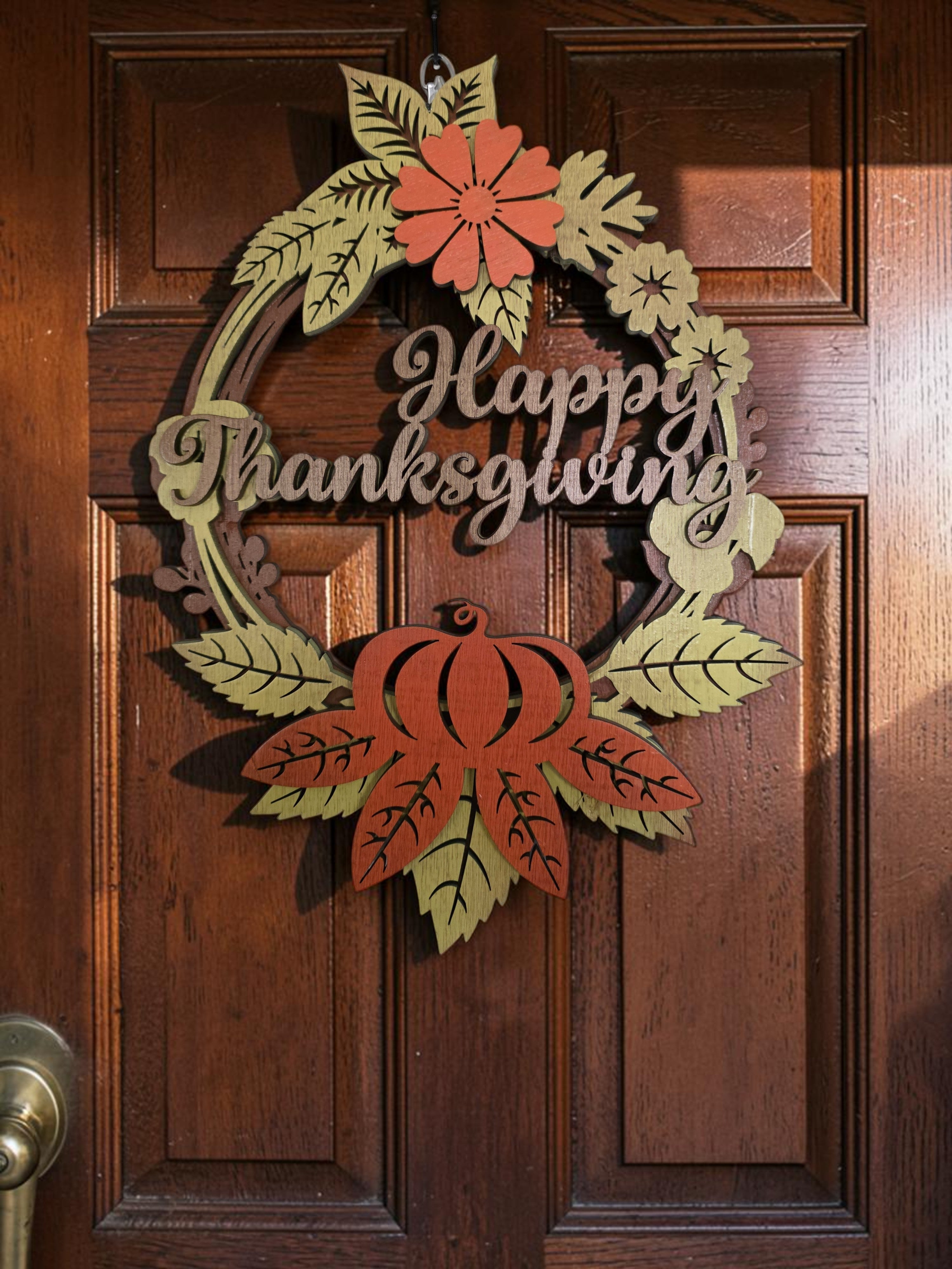 Happy Thanksgiving Floral Wreath Layered Wood Wall Art – Fall Door Décor