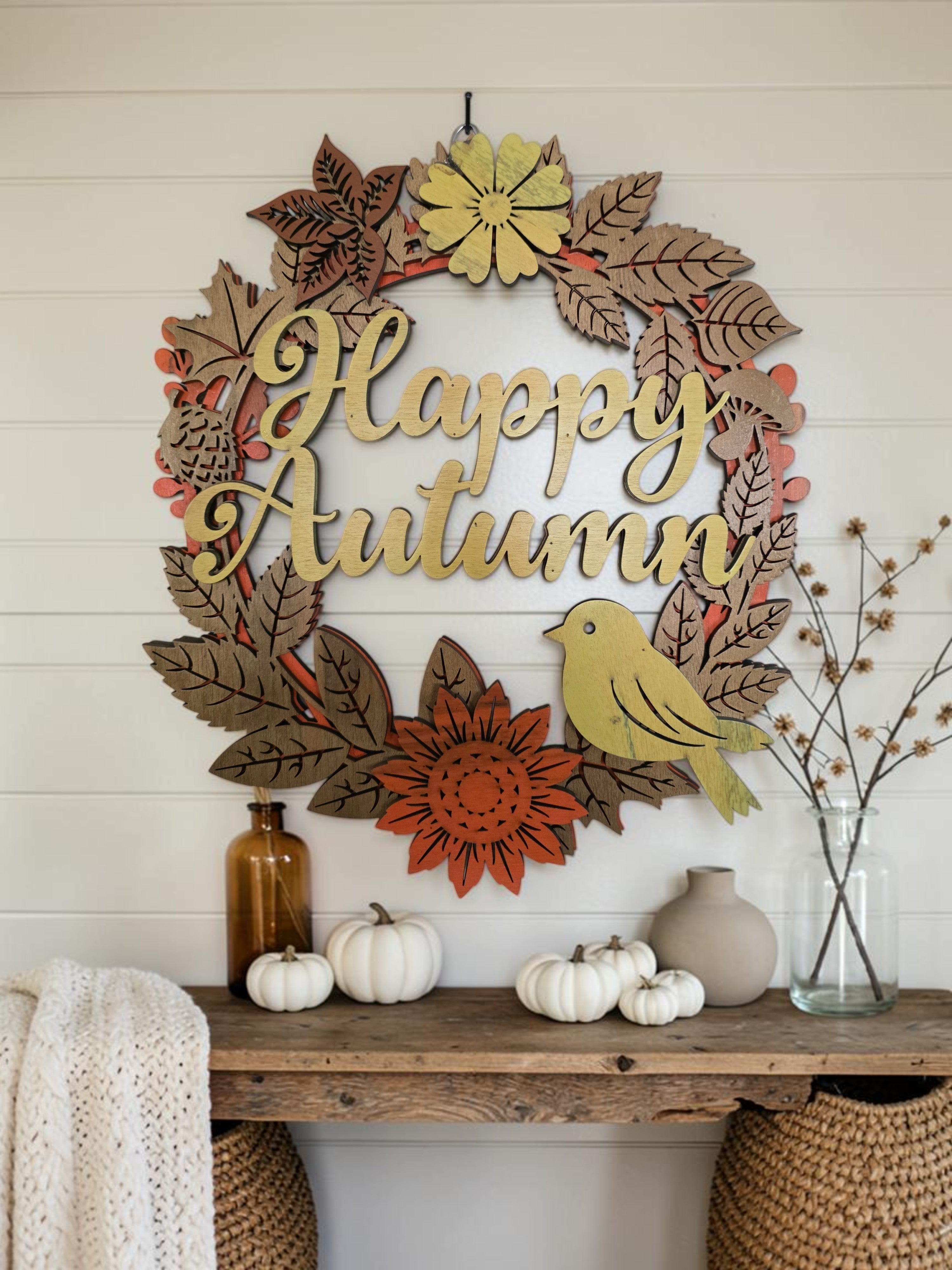 Happy Autumn Songbird Wreath Layered Wood Wall Art – Fall Door Décor