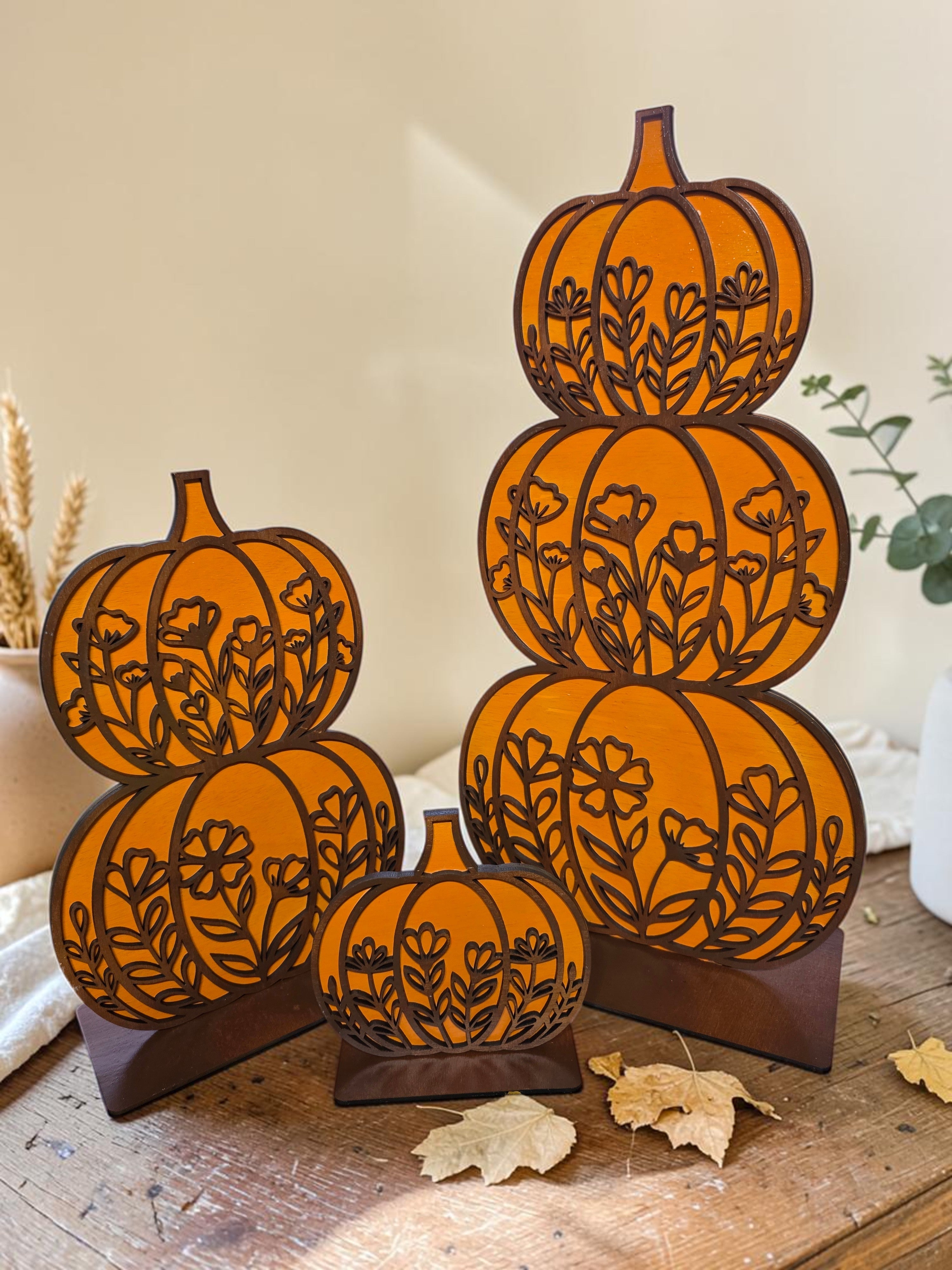 Set of 3 Stacked Wildflower Pumpkins – Layered Wood Fall Décor