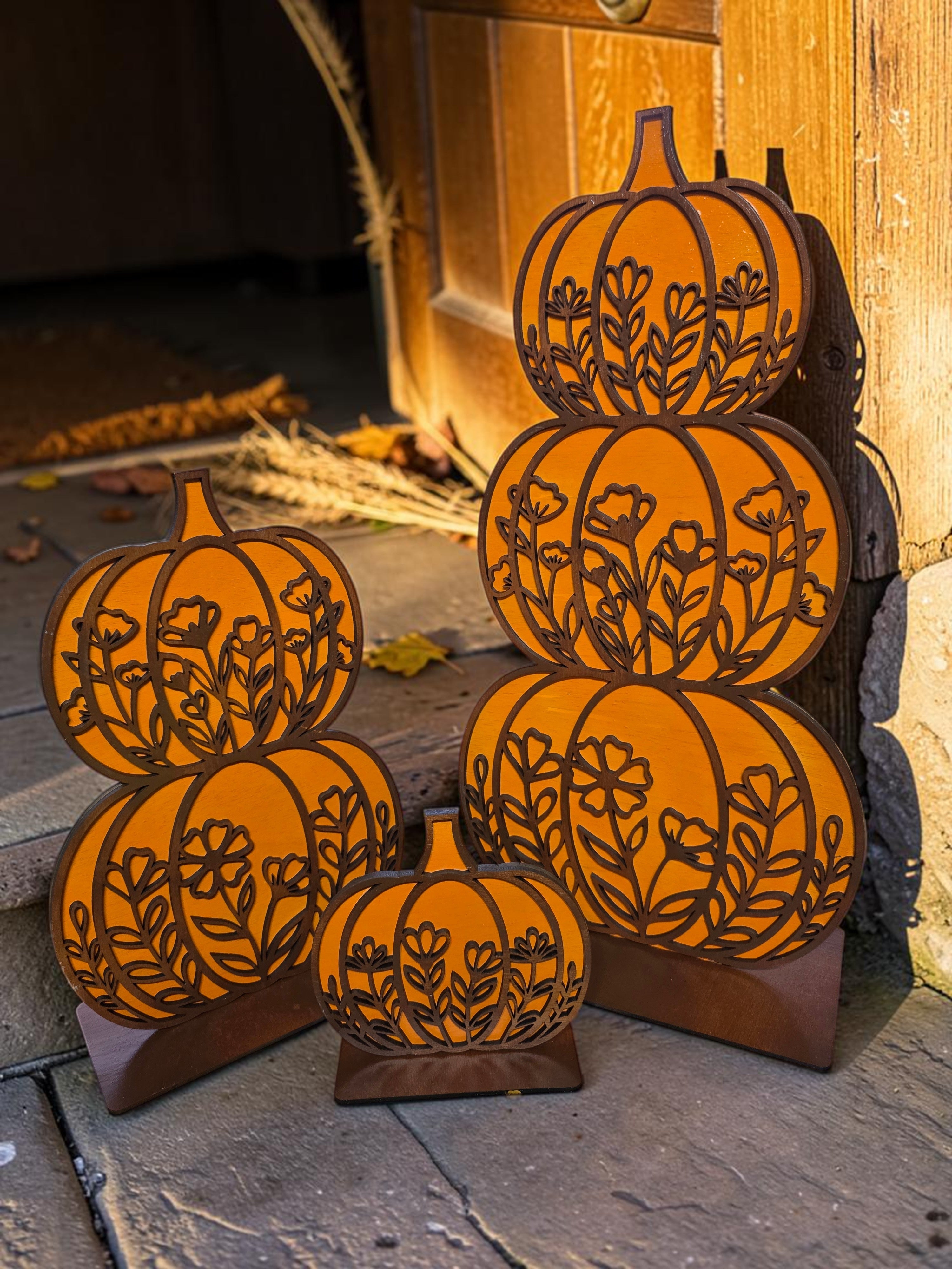 Set of 3 Stacked Wildflower Pumpkins – Layered Wood Fall Décor