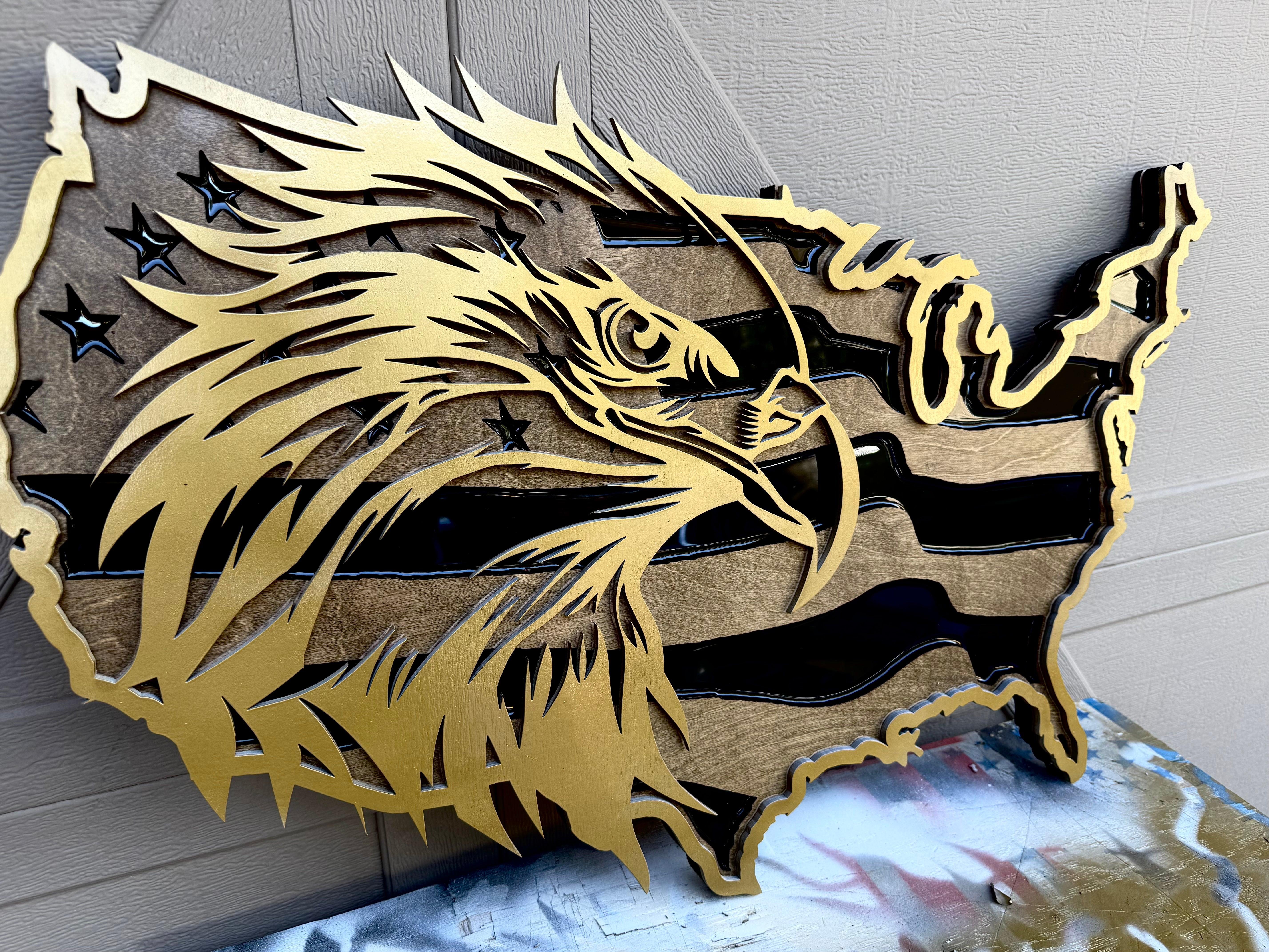 30" Tri-Layer Birch Wood USA Wall Art with Golden Bald Eagle Cutout & Epoxy Resin Inlay – Patriotic Wooden Decor
