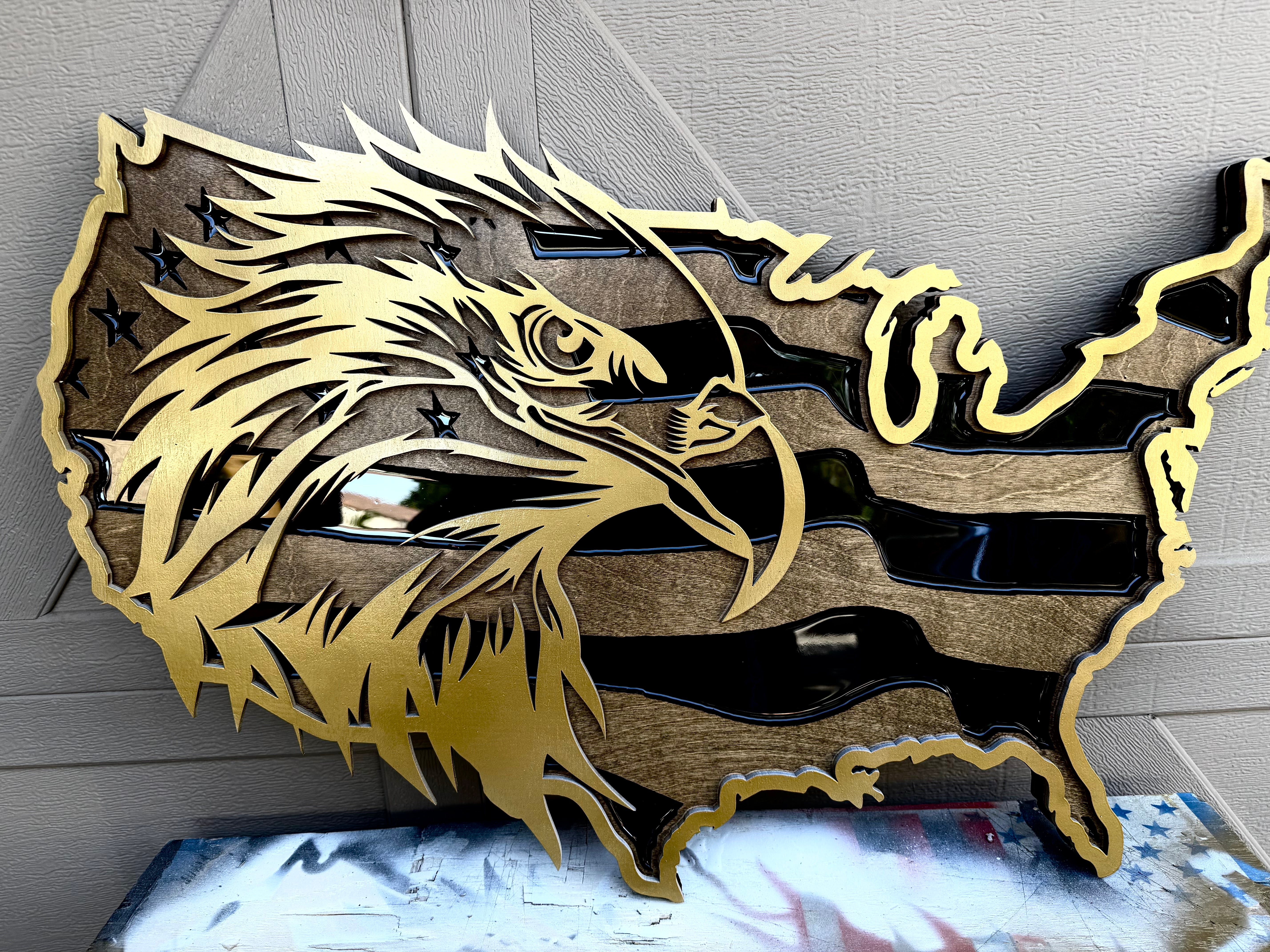 30" Tri-Layer Birch Wood USA Wall Art with Golden Bald Eagle Cutout & Epoxy Resin Inlay – Patriotic Wooden Decor