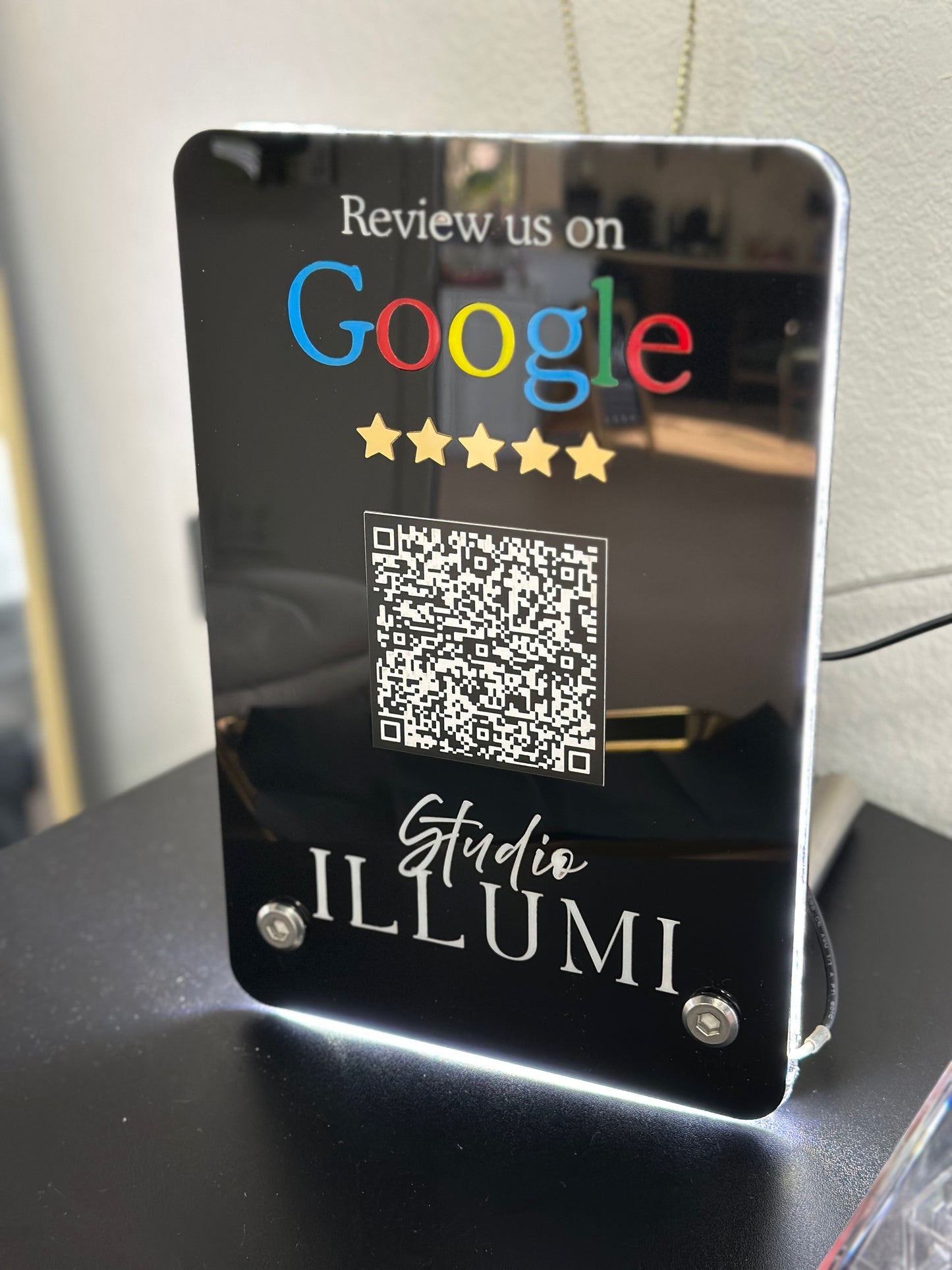 Laser-Cut 8″ × 11″ Cast Acrylic “Google Reviews” Sign with Brushed Stainless Steel Legs & Edge-Lighting (USB-A Powered) — Custom Logo & QR Code