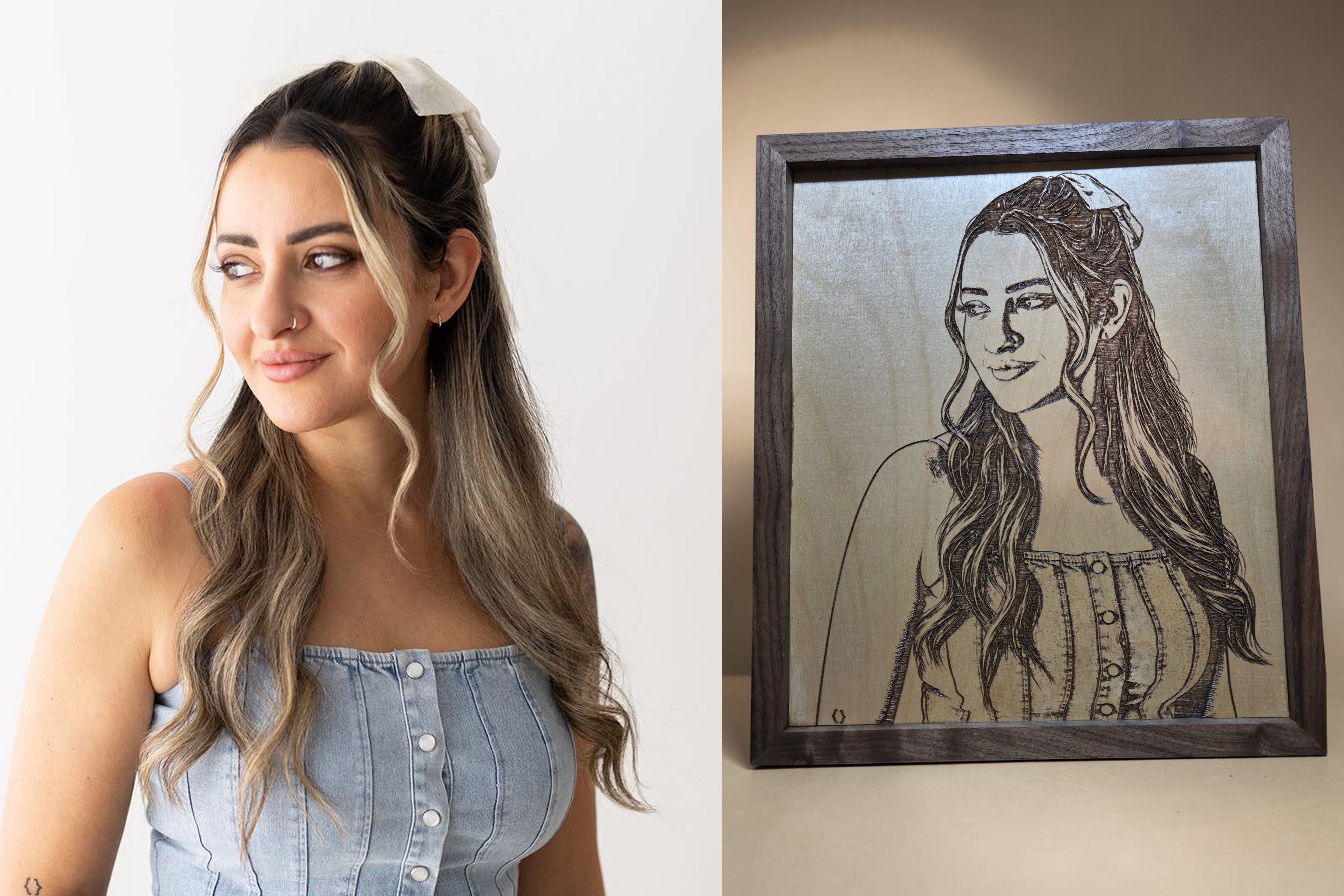 Custom Engraved Photo Portrait on Maple/Birch with Solid Walnut/Mahogany Frame